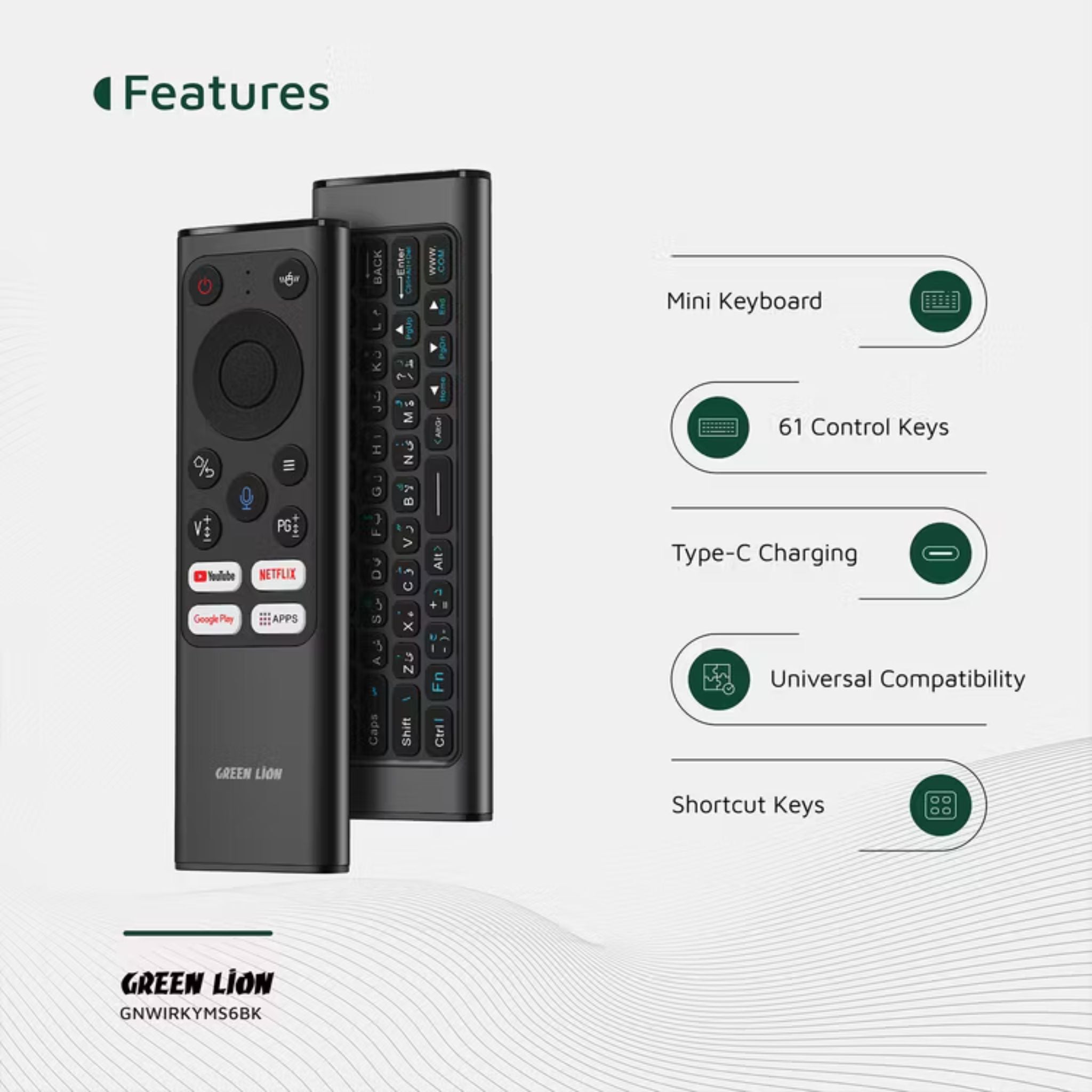 Green Lion Wireless Remote Pro with Keyboard and Mouse, 2.4G + Bluetooth Connectivity, 1200 DPI Resolution, Type-C Charging Port, Voice Assistant, 61 Keyboard Keys, 300mAh battery Capacity, Mini Keyboard – Black