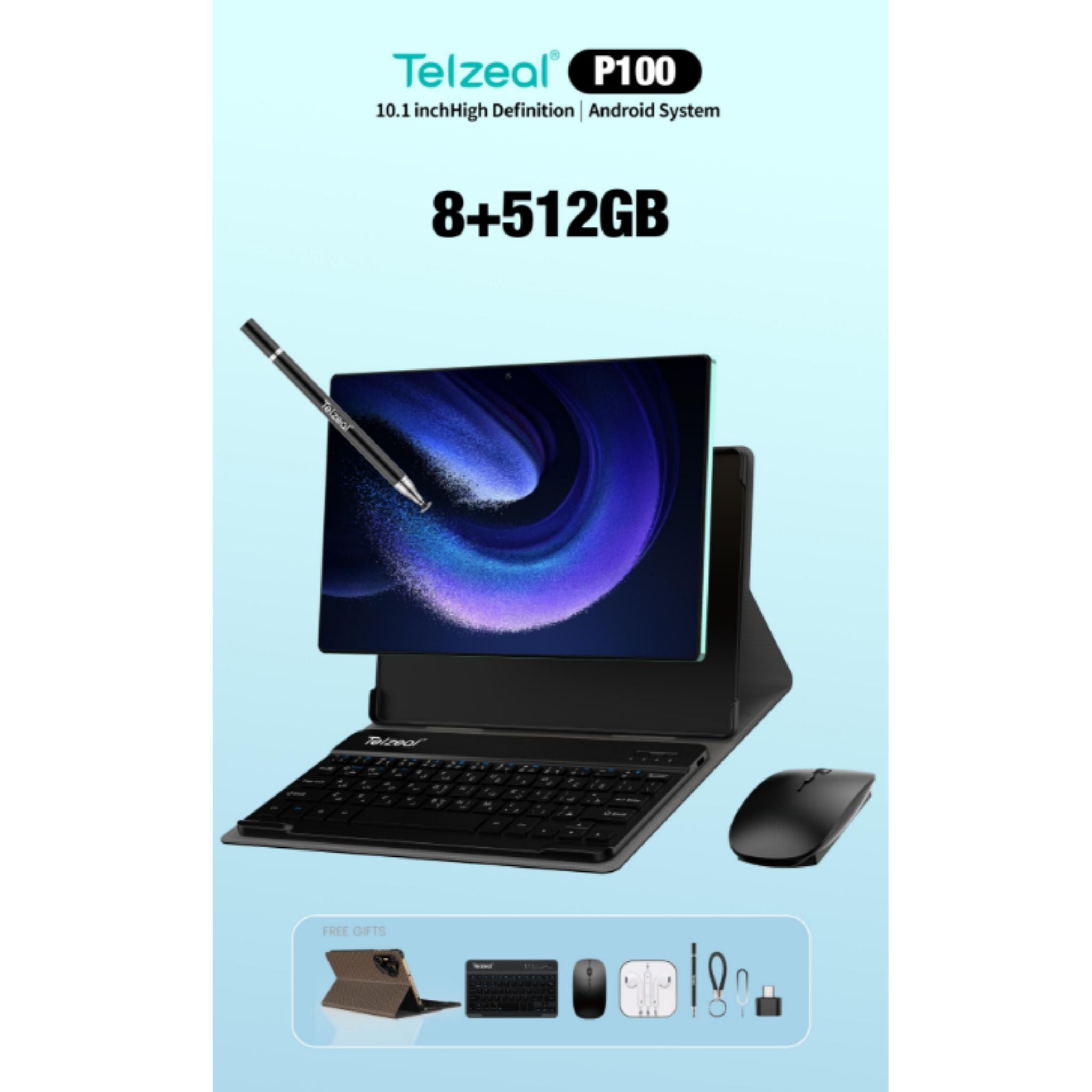 Telzeal P100 10.1 Inch Android 13 Tablet with 5G WiFi and Dual SIM 8GB RAM 512GB ROM 8000 mAh High Capacity Battery Wireless Keyboard and Mouse Green