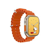 Orange silicone strap smartwatch with a cartoon character display and a silver case.