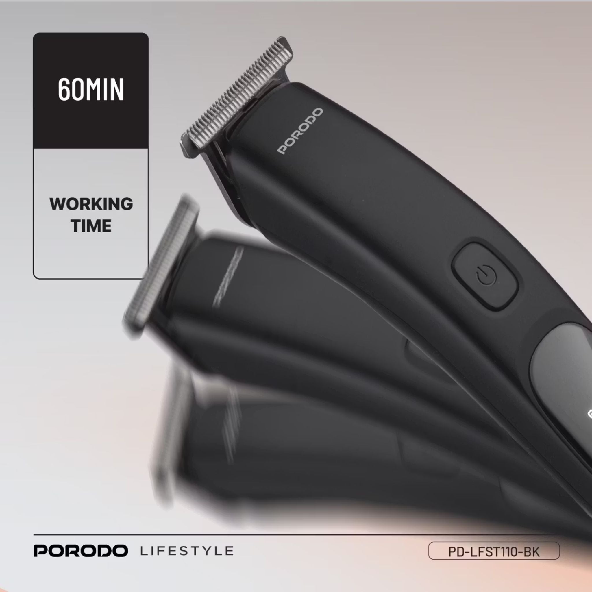 Porodo T-Blade Compact Trimmer with Stainless Steel Blade, 600mAh Battery, 1 Hour Working Time, Type-C Charging, 2 Hours Charging Time - Black