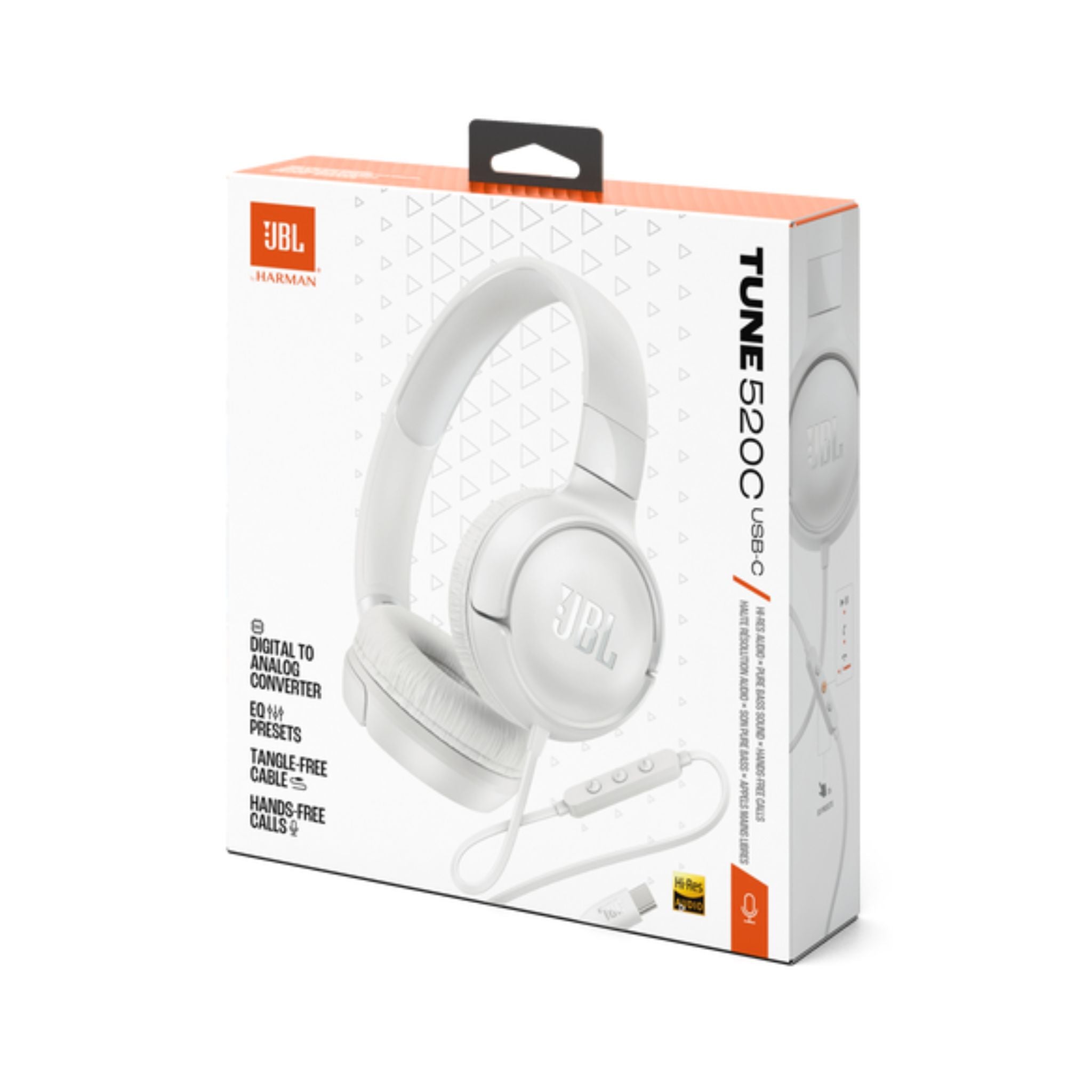 JBL Tune 520C USB-C Wired Headphones, 32mm Driver, Built-in Mic, Hands Free Call, Voice Assistant integration, Foldable, 3 Button Remote, Hi-Res Audio, JBL Pure Bass Sound, Comfort – White