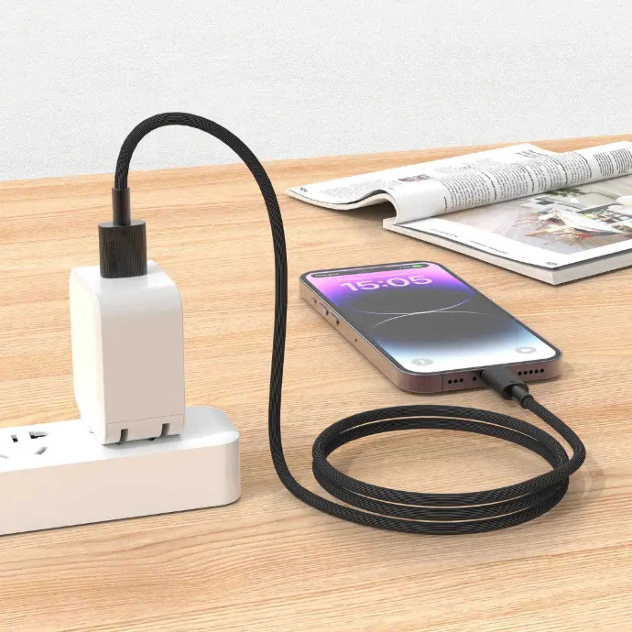 Porodo USB-A to Lightning Durable Charging Cable with 3m Length, PVC Material, Fast Charge & Data Sync, 15000+ Bends Lifespan, 480Mbps Data Transfer Speed, Tangle-Free Design - Black