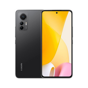 Xiaomi 12 Lite 5G smartphone in black color with a visible triple camera setup on the back and the display turned on showing colorful graphics.