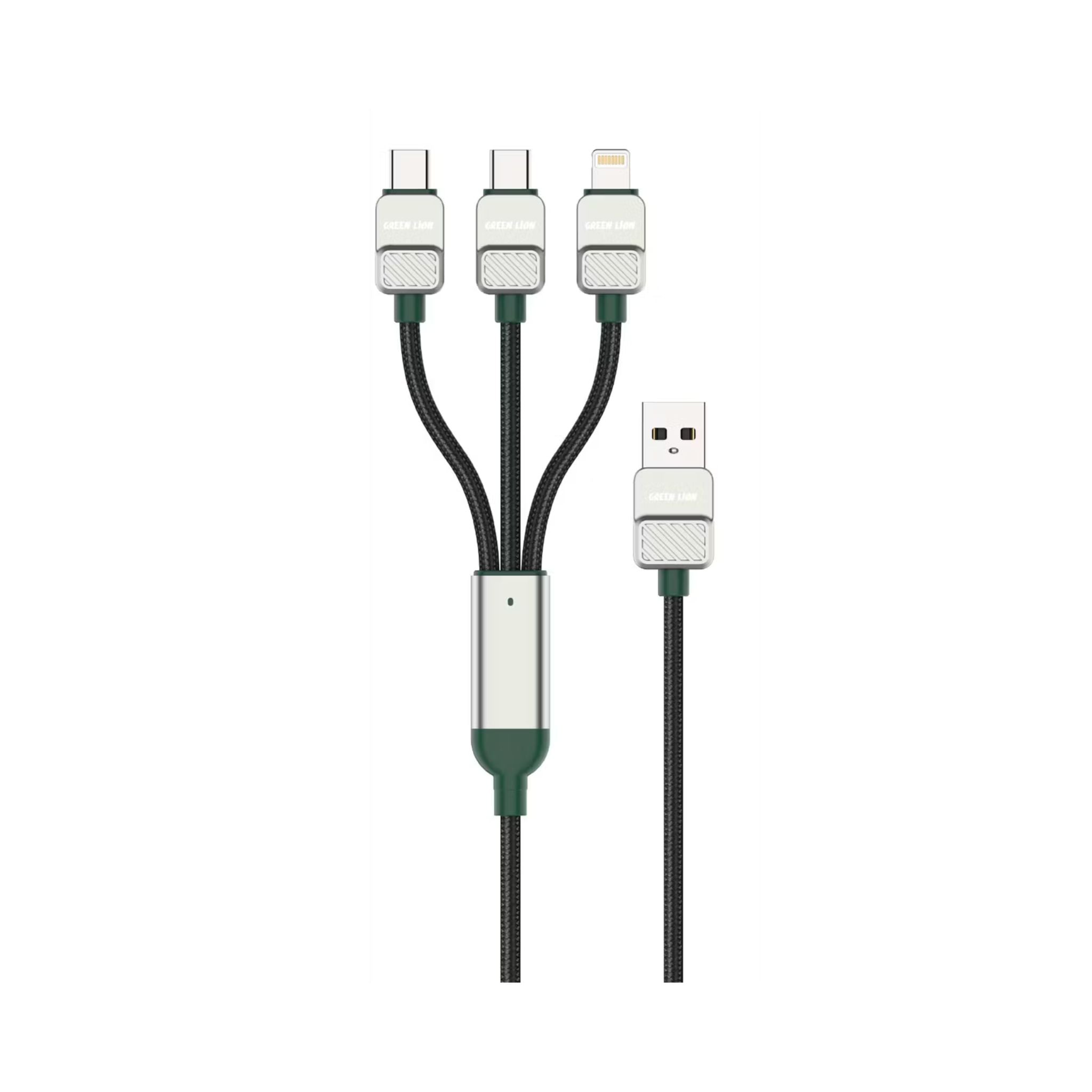 Green Lion 3-in-1 Braided Electroplated Cable with 1.2m Cable Length, USB-A to Lightning & Dual USB-C Connections, 10000 Bends Lifespan, Braided, Aluminum Alloy & Zinc Alloy Material, Up to 12W Lightning Output, Up to 15W USB-C Outputs - Green / Black
