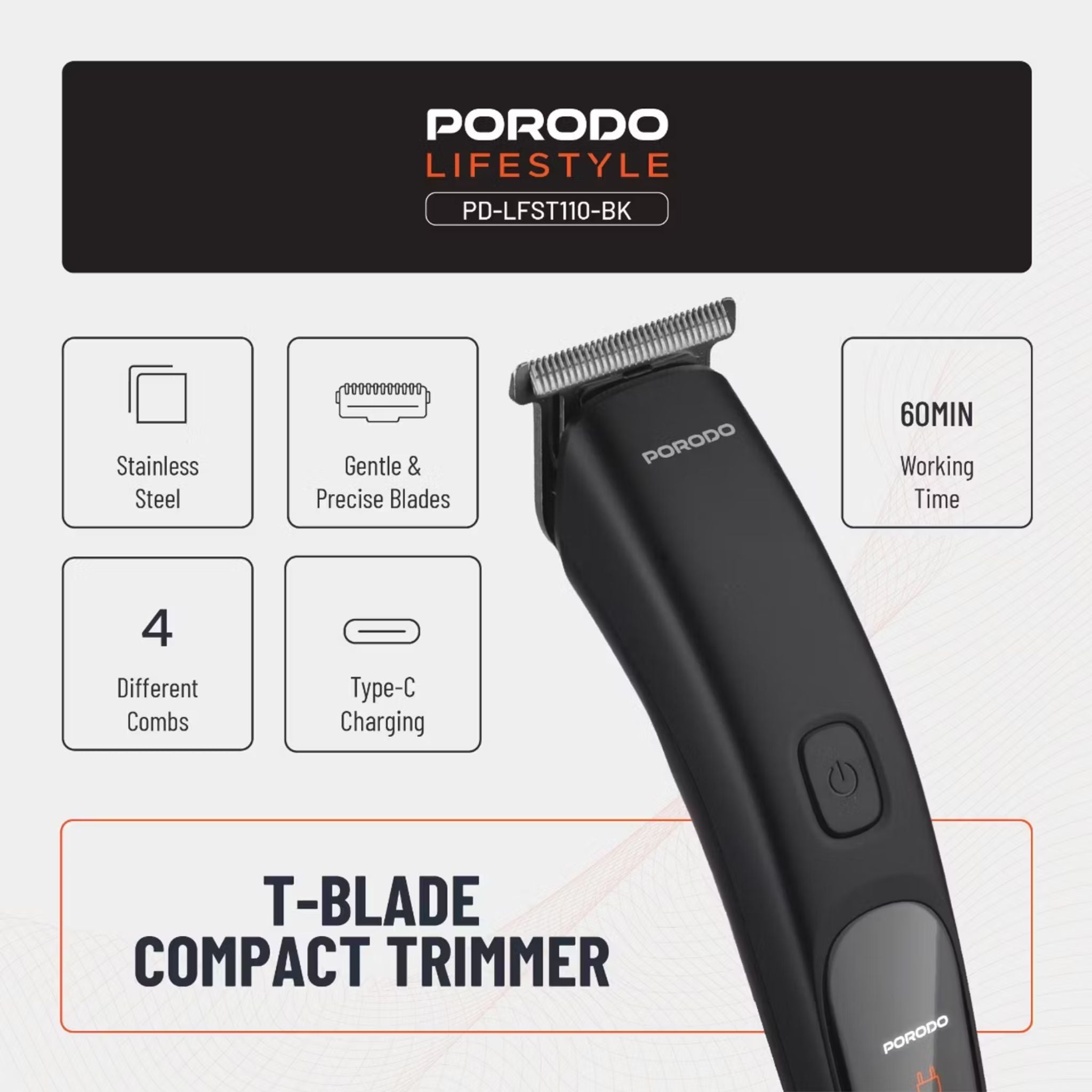 Porodo T-Blade Compact Trimmer with Stainless Steel Blade, 600mAh Battery, 1 Hour Working Time, Type-C Charging, 2 Hours Charging Time - Black