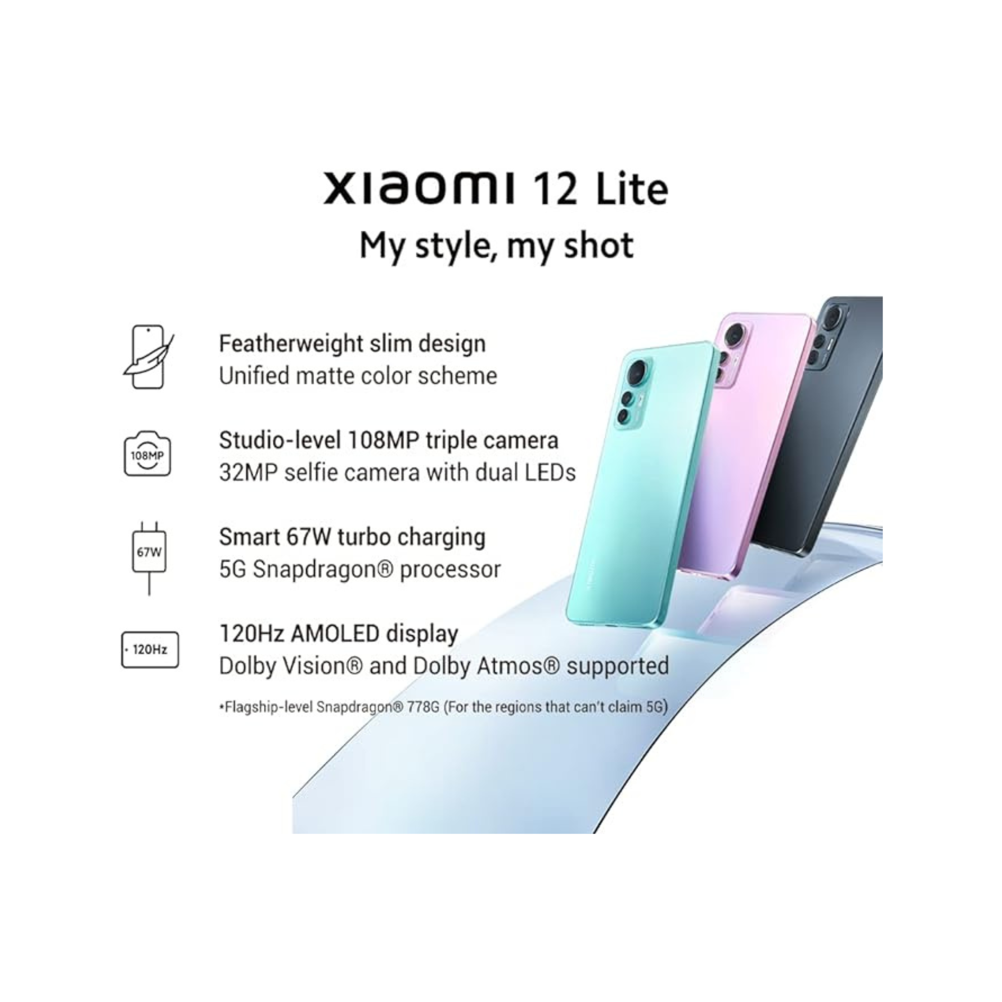 Xiaomi 12 Lite 5G  (8GB RAM, 256 Storage) - Featherweight slim design | Studio-level 108MP triple camera | Smart 67W turbo charging | 120Hz AMOLED display-Black