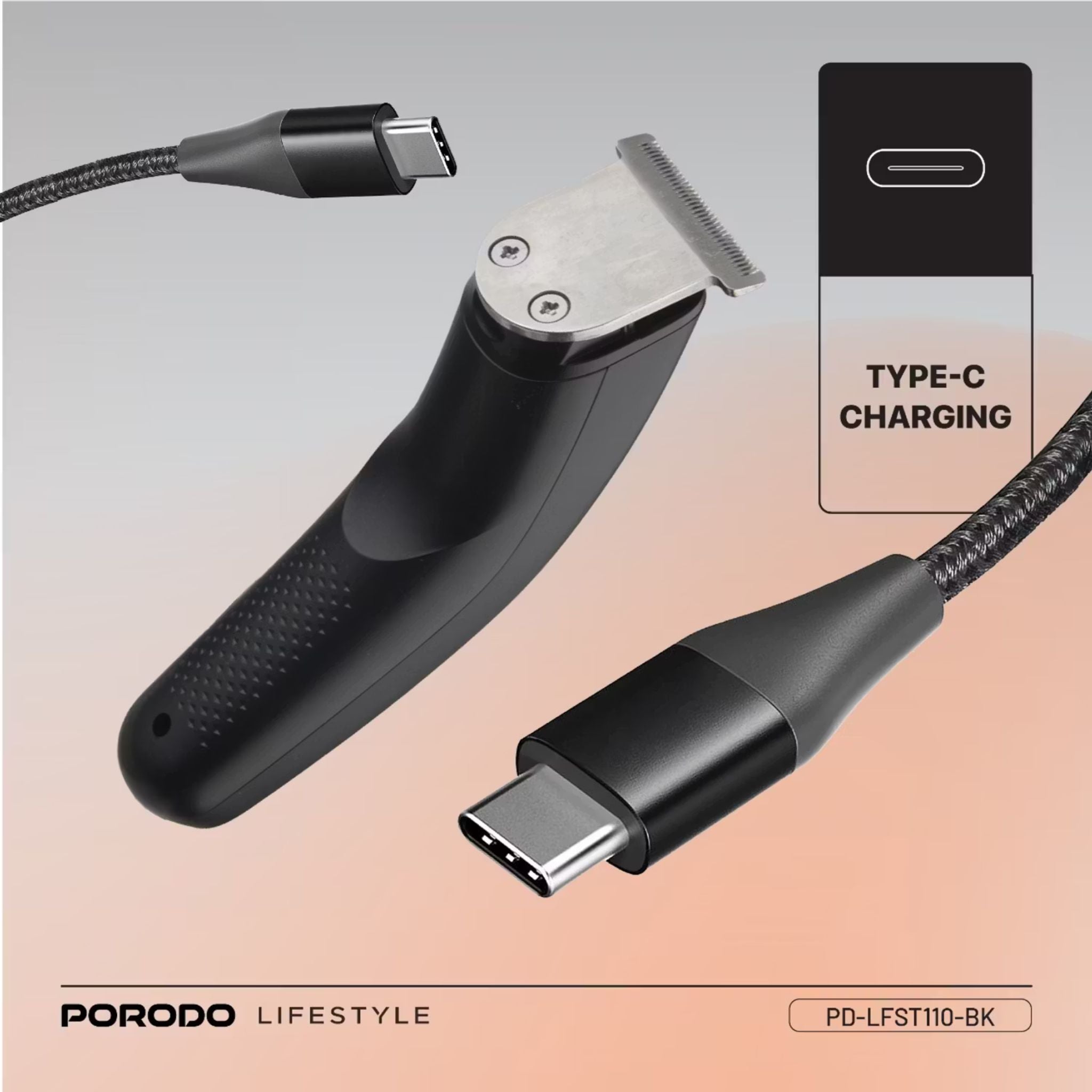 Porodo T-Blade Compact Trimmer with Stainless Steel Blade, 600mAh Battery, 1 Hour Working Time, Type-C Charging, 2 Hours Charging Time - Black