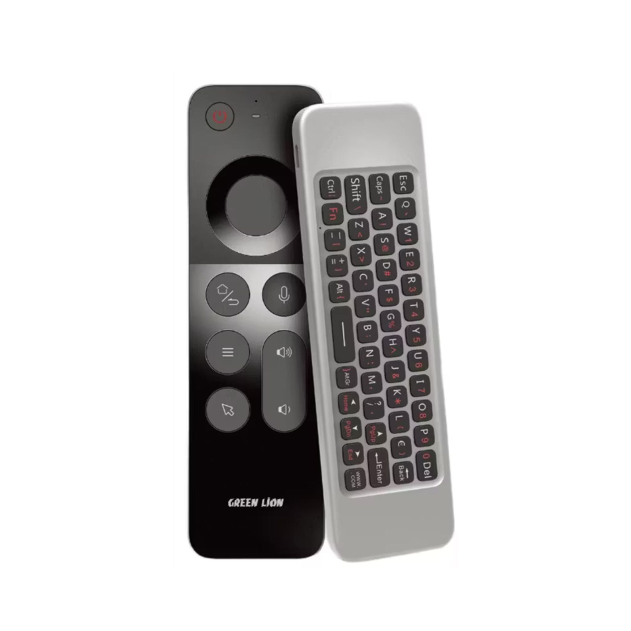 Black remote control with a keyboard on a white background