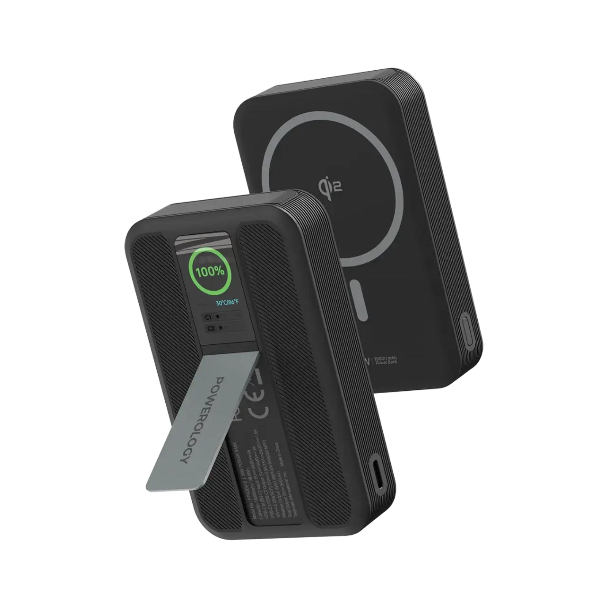 Powerology Vision 10000mAh MagSafe Power Bank with PD 30W, Qi2 Technology, Dual USB-C Ports, Strong Magnetic Holder, Built-in Kickstand, Smart Screen Display - Black