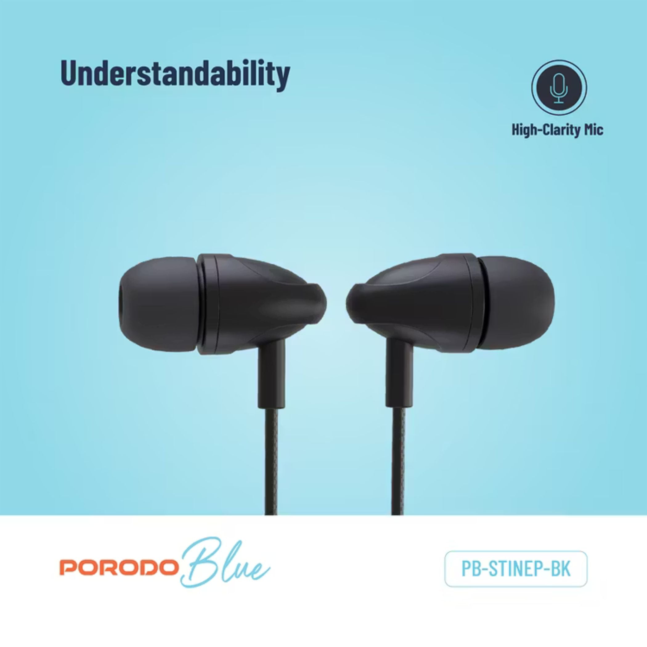 Porodo Blue In-Ear Stereo Earphones with 3.5mm AUX Connector, 112dB SPL, High-Clarity Microphone, 1.2m Cable Length, ABS Material - Black