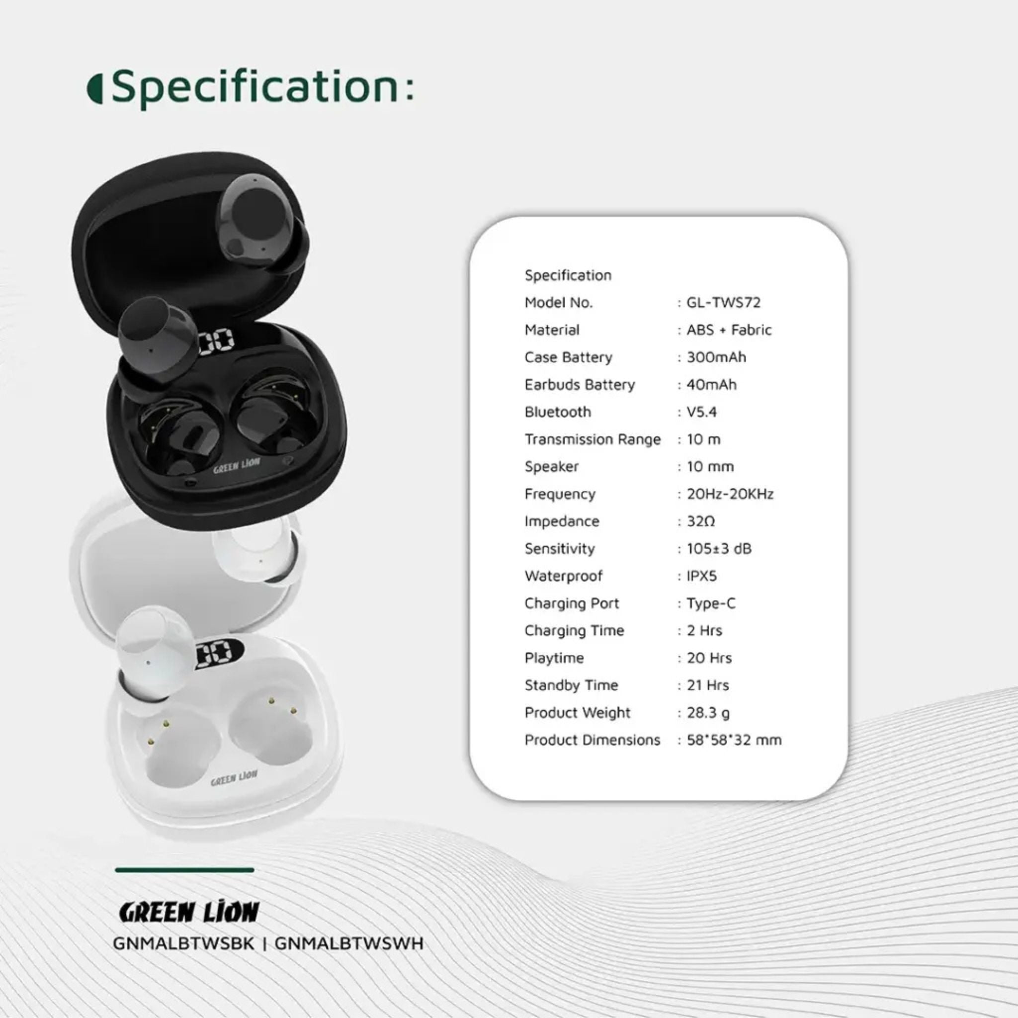 Green Lion Malbun True Wireless Earbuds, Bluetooth 5.4 Headphones with Dual-Mic ENC for Clear Calls, 20H Total Playtime, IPX5 Waterproof & Digital Display Case_Black