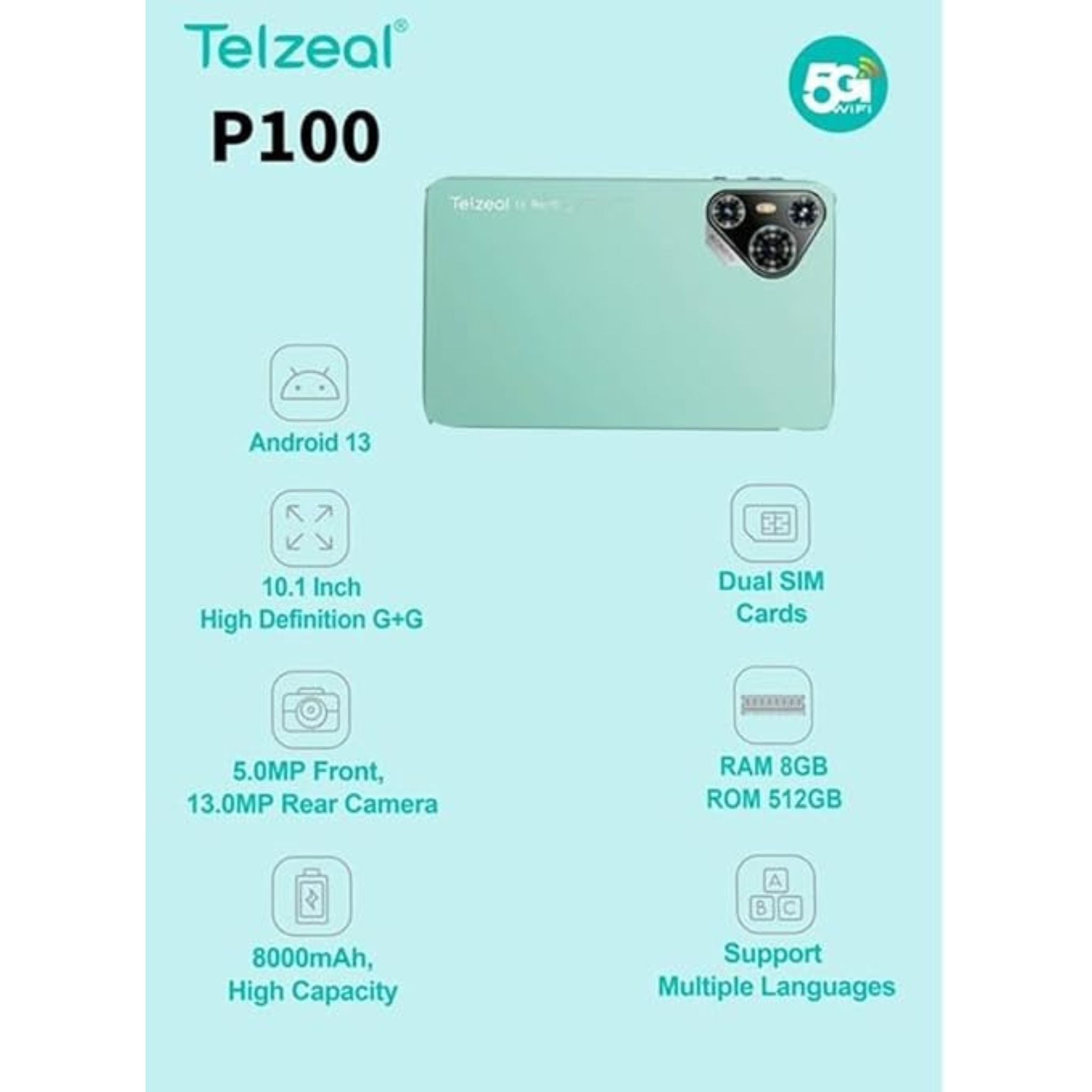 Telzeal P100 10.1 Inch Android 13 Tablet with 5G WiFi and Dual SIM 8GB RAM 512GB ROM 8000 mAh High Capacity Battery Wireless Keyboard and Mouse Green