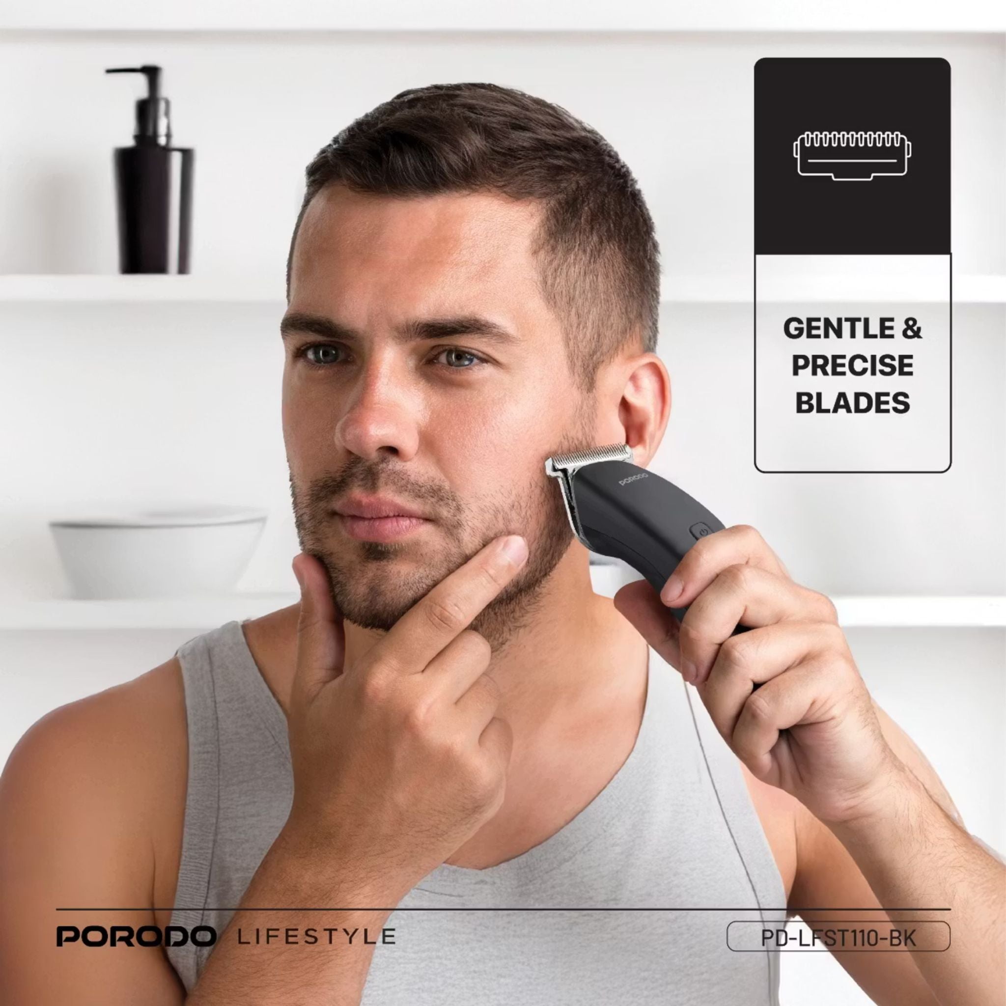 Porodo T-Blade Compact Trimmer with Stainless Steel Blade, 600mAh Battery, 1 Hour Working Time, Type-C Charging, 2 Hours Charging Time - Black