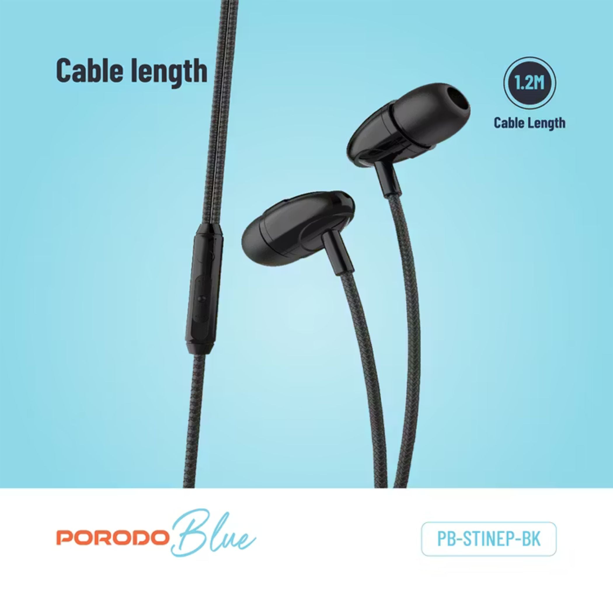 Porodo Blue In-Ear Stereo Earphones with 3.5mm AUX Connector, 112dB SPL, High-Clarity Microphone, 1.2m Cable Length, ABS Material - Black