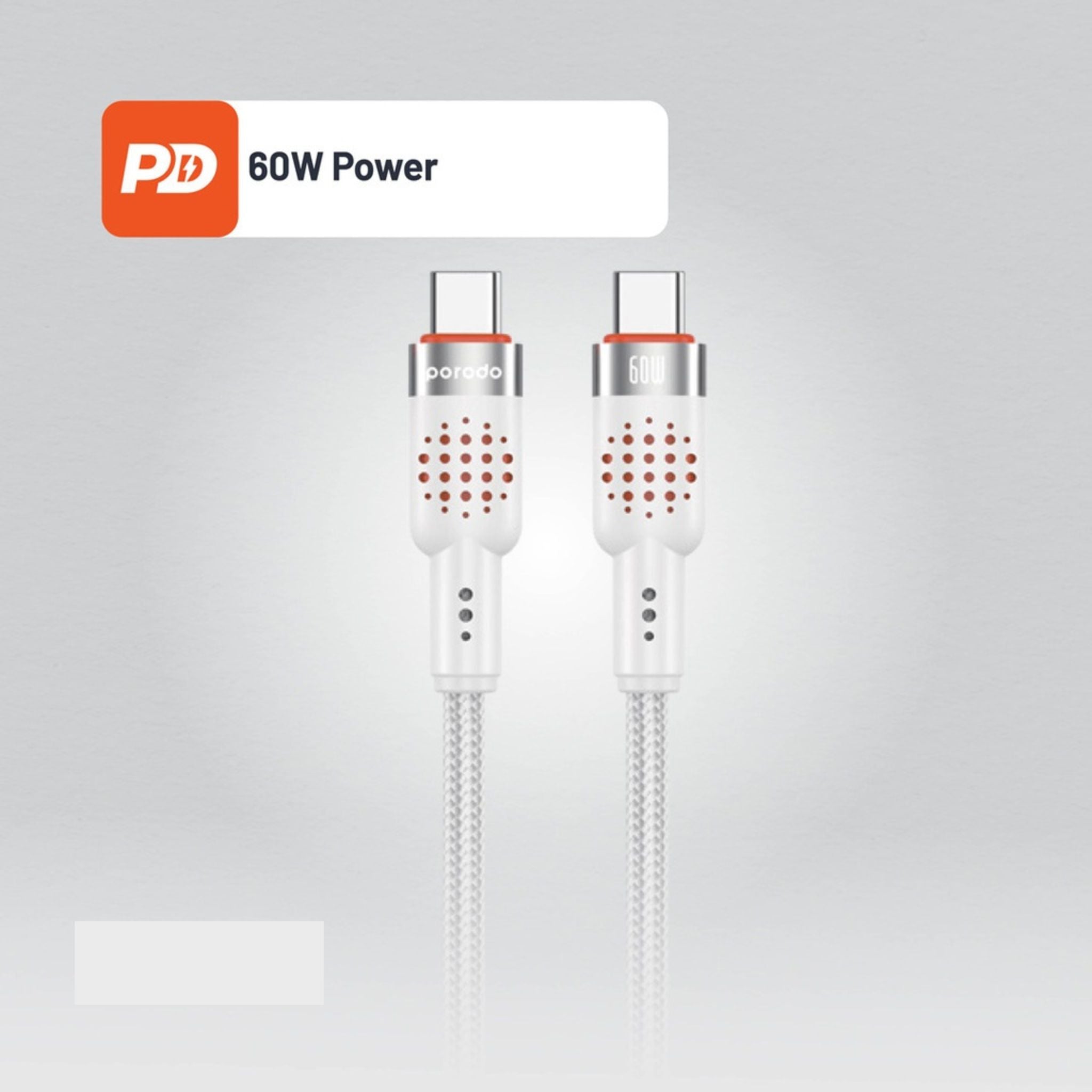 Porodo Aluminum Alloy Braided Cable Type-C to C 1.2m, PD 60W, 480Mbps Transfer Speed, more than 15000 Bends Life Span, Tangle Free - White