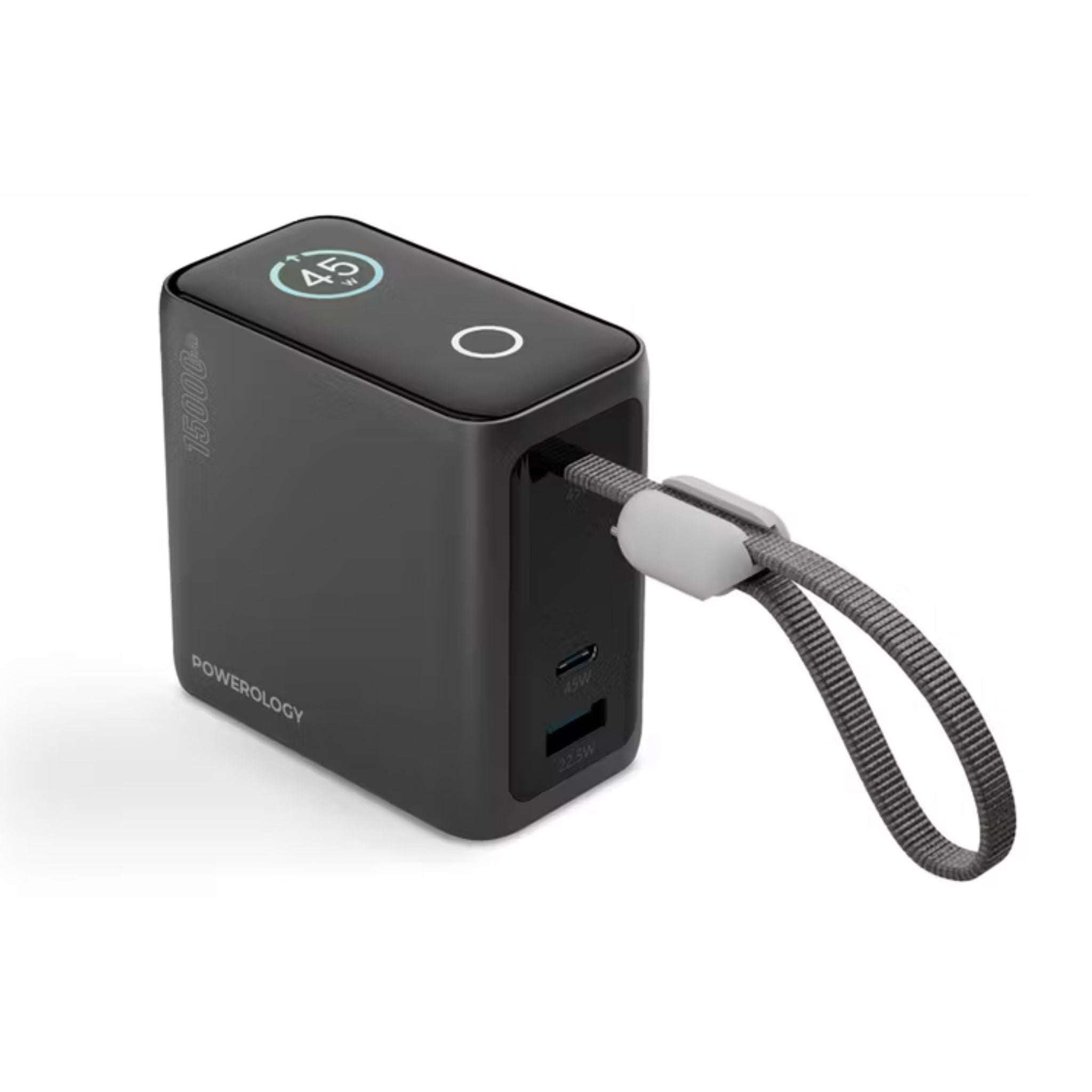 Powerology 15000mAh Mini Power Bank with Multiple Charging Ports, Universal Compatibility, Advanced Safety Features, Smart TFT Display, Built-in USB-C Cable - Black