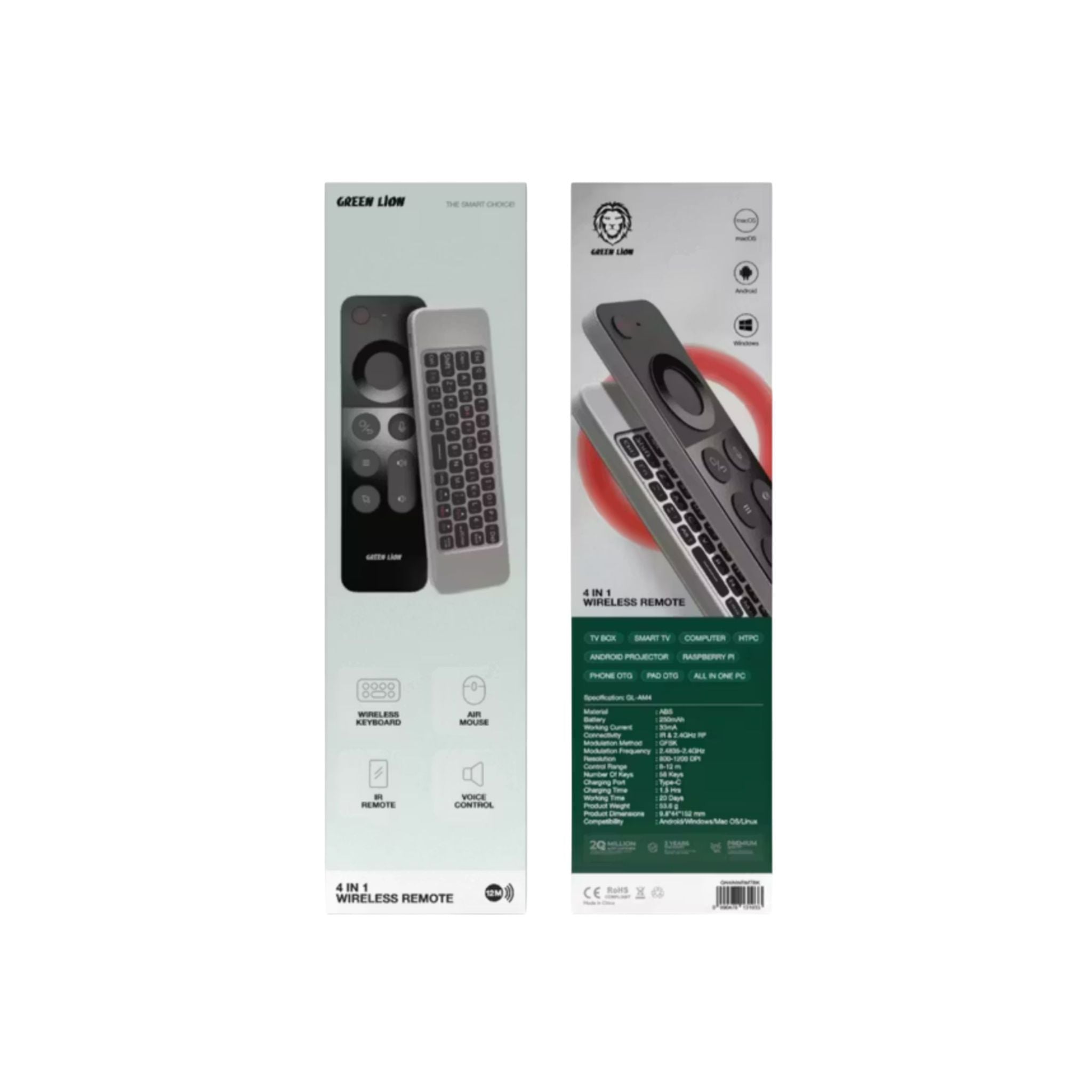 Green Lion 4-in-1 Wireless Remote – Keyboard, Air Mouse, IR Remote & Voice Control. 58 Keys, ABS Build, IR & 2.4GHz RF, 8–12m Range. 250mAh Battery, Type-C Charging (1.5h), 20-Day Use-Black