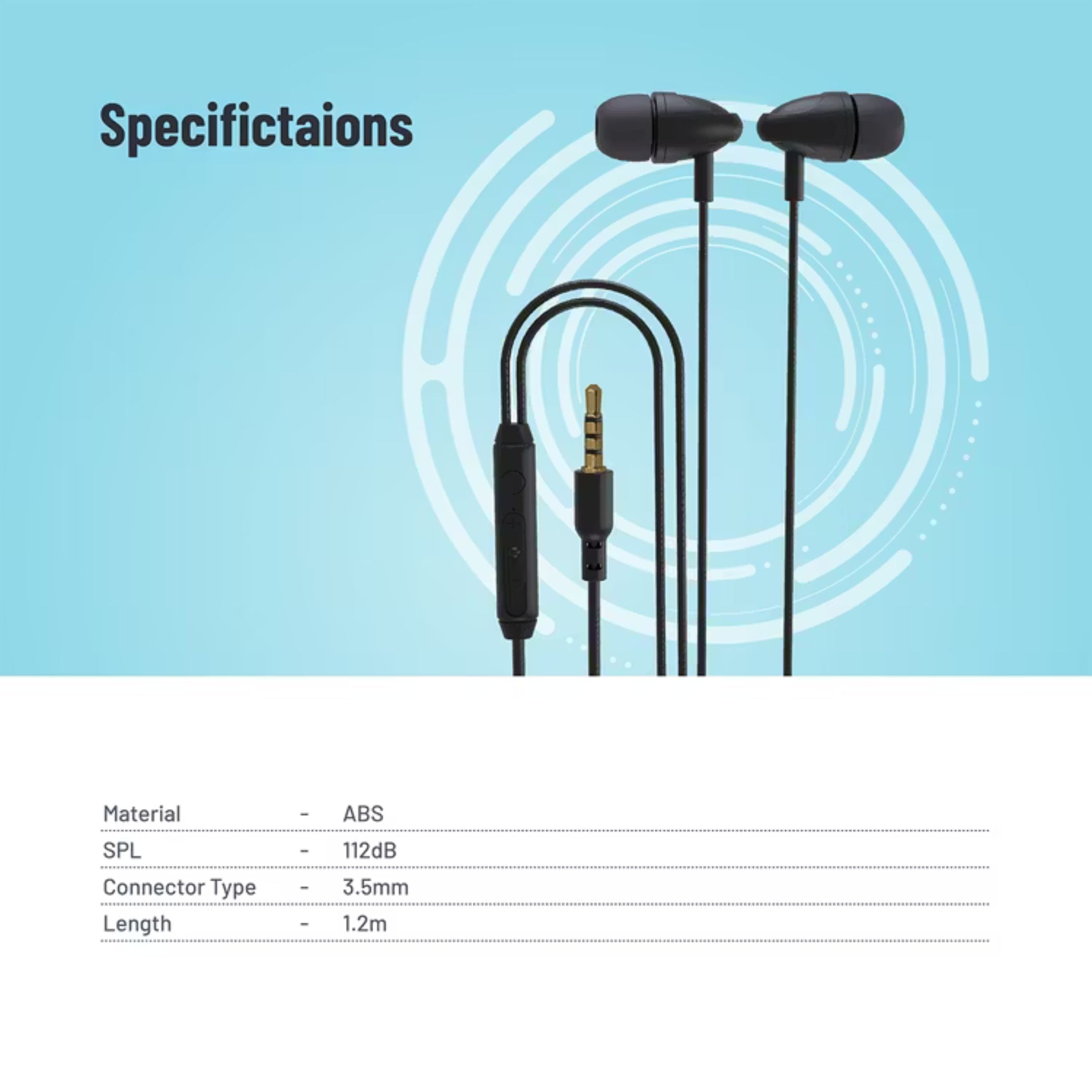 Porodo Blue In-Ear Stereo Earphones with 3.5mm AUX Connector, 112dB SPL, High-Clarity Microphone, 1.2m Cable Length, ABS Material - Black