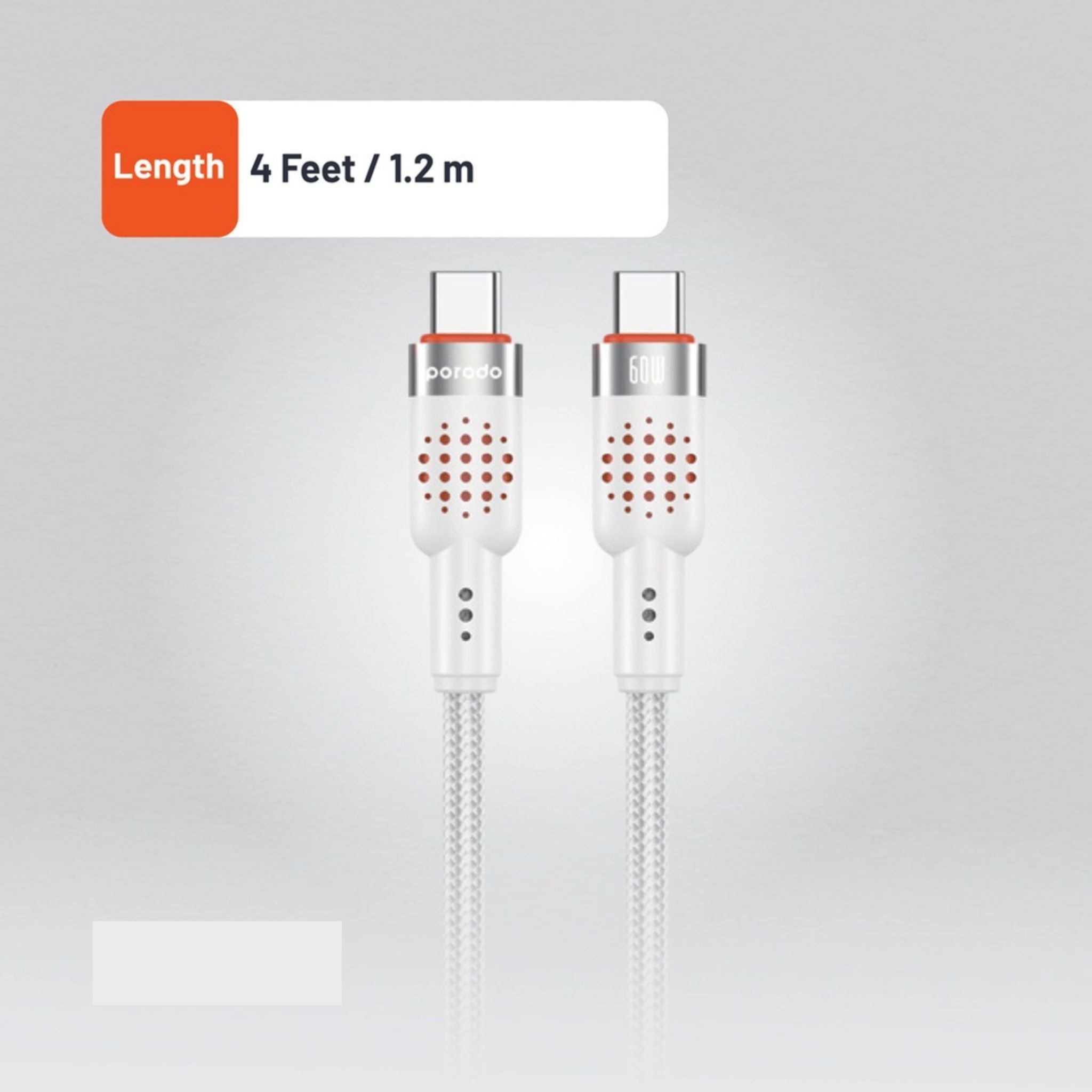 Porodo Aluminum Alloy Braided Cable Type-C to C 1.2m, PD 60W, 480Mbps Transfer Speed, more than 15000 Bends Life Span, Tangle Free - White