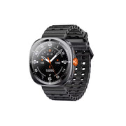 Black smartwatch with a detailed display on a white background