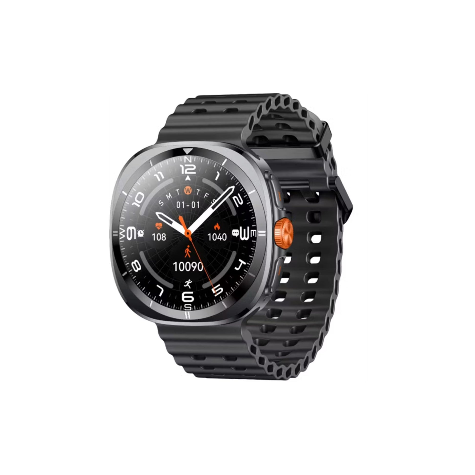 Black smartwatch with a detailed display on a white background