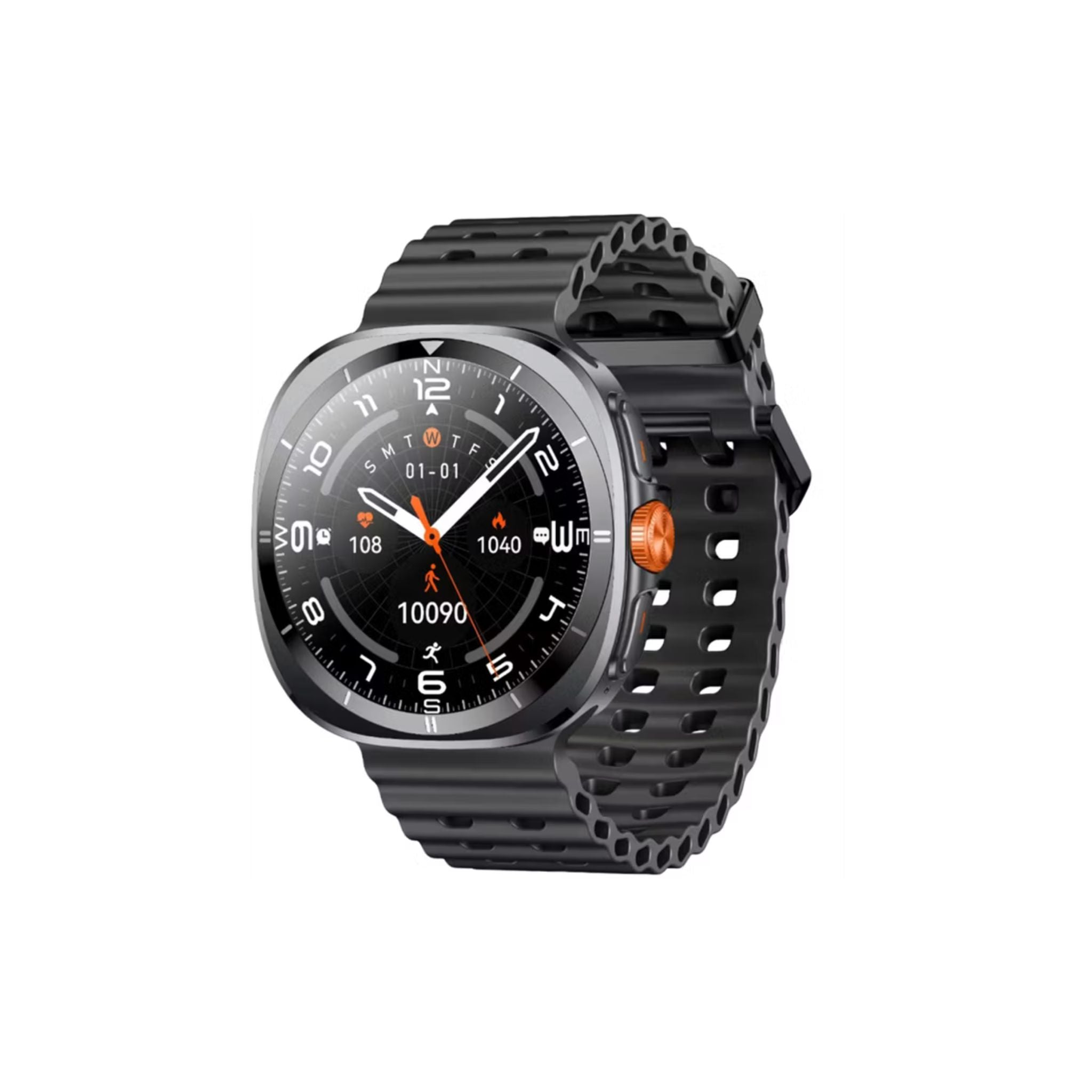Black smartwatch with a detailed display on a white background