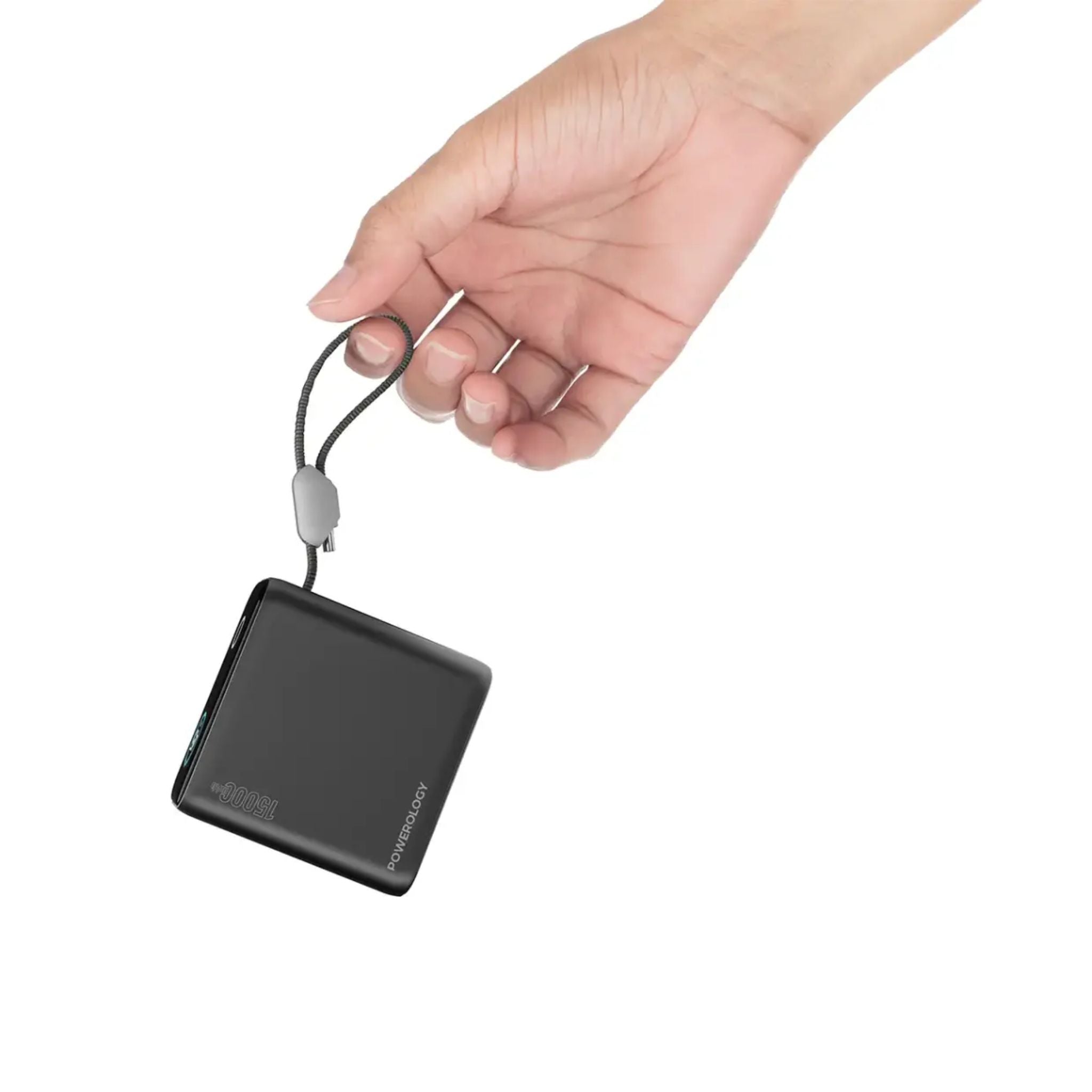 Powerology 15000mAh Mini Power Bank with Multiple Charging Ports, Universal Compatibility, Advanced Safety Features, Smart TFT Display, Built-in USB-C Cable - Black