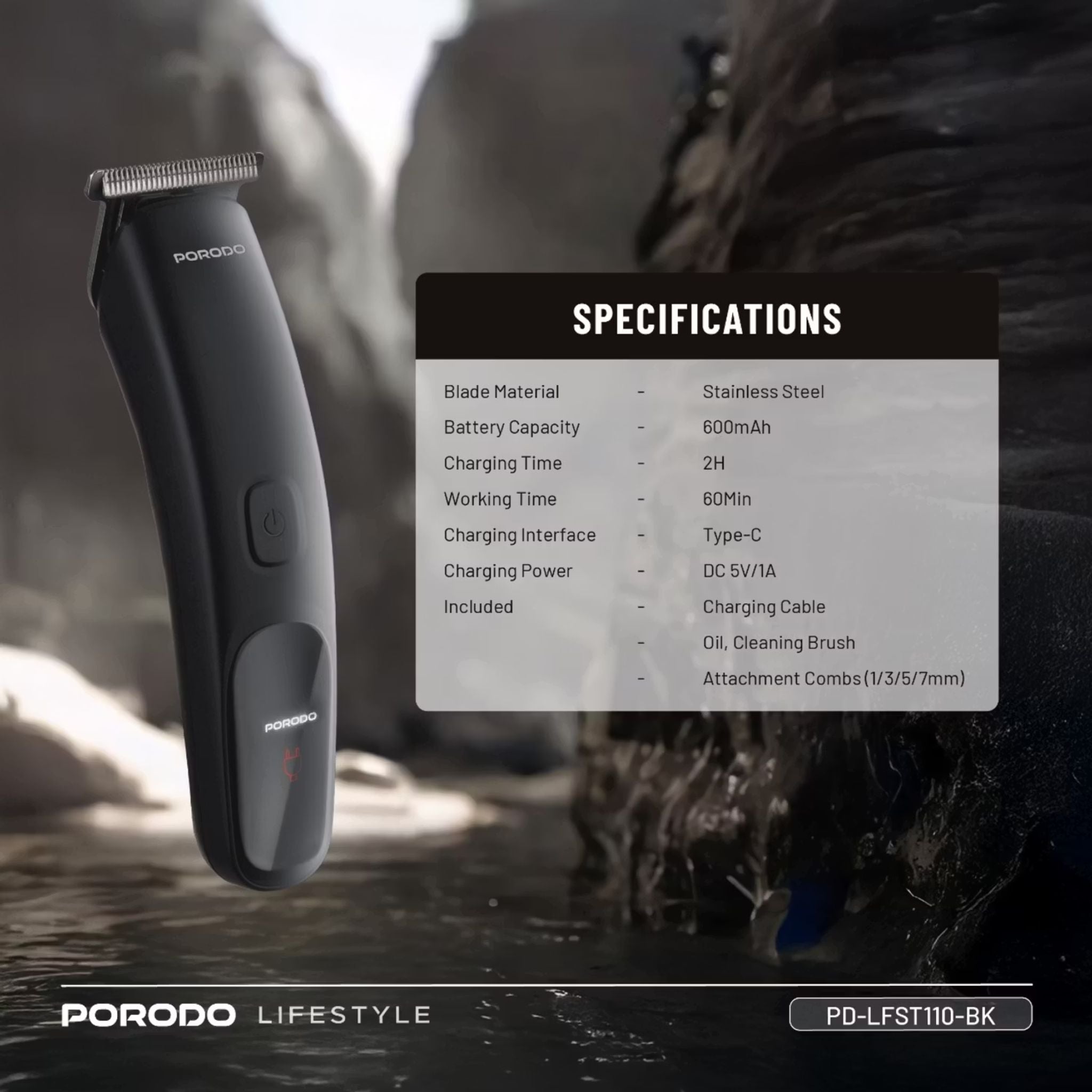 Porodo T-Blade Compact Trimmer with Stainless Steel Blade, 600mAh Battery, 1 Hour Working Time, Type-C Charging, 2 Hours Charging Time - Black