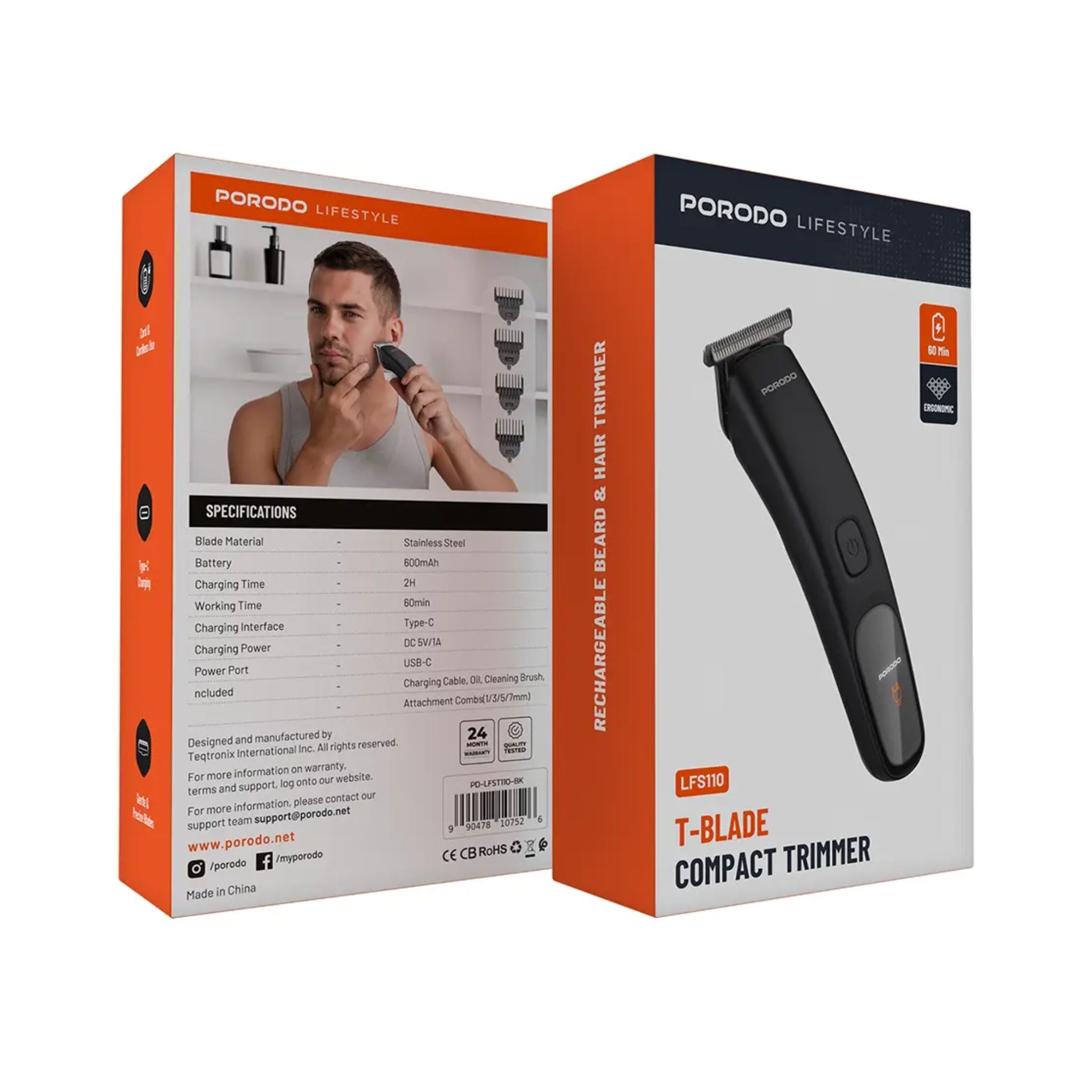 Porodo T-Blade Compact Trimmer with Stainless Steel Blade, 600mAh Battery, 1 Hour Working Time, Type-C Charging, 2 Hours Charging Time - Black