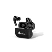A pair of black Green Lion Classic True Wireless Earbuds with a charging case.
