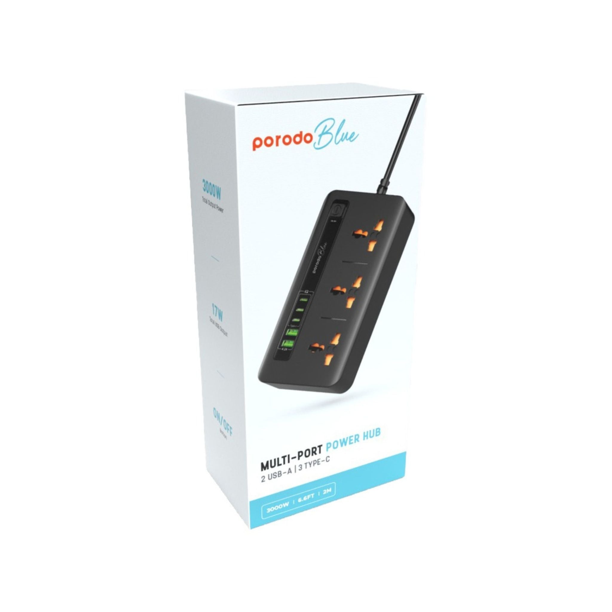 Porodo Blue Multiple Ports Power Hub with ×2 USB-A & ×3 USB-C Ports, 3 AC Sockets, 3000W Rated Power, 2m Cable Length, Universal Compatibility - Black