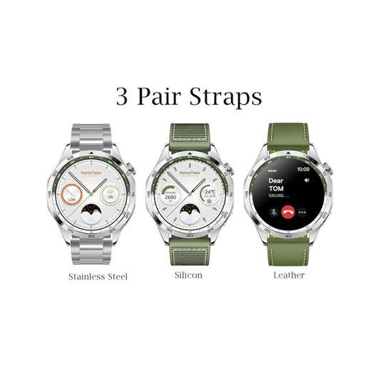 Haino Teko Germany (RW44) Round Screen AMOLED Display Smart Watch With 3 Pair Straps and Wireless Charger For Gents and Boys_Green