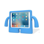 Blue tablet stand with a tablet on a white background