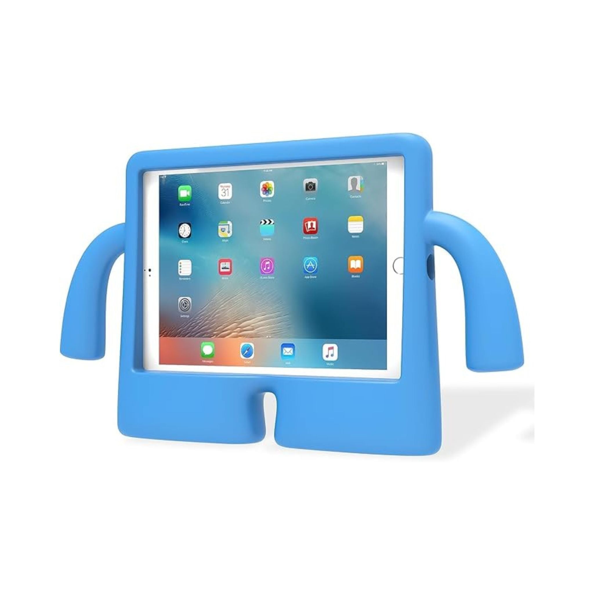 Blue tablet stand with a tablet on a white background