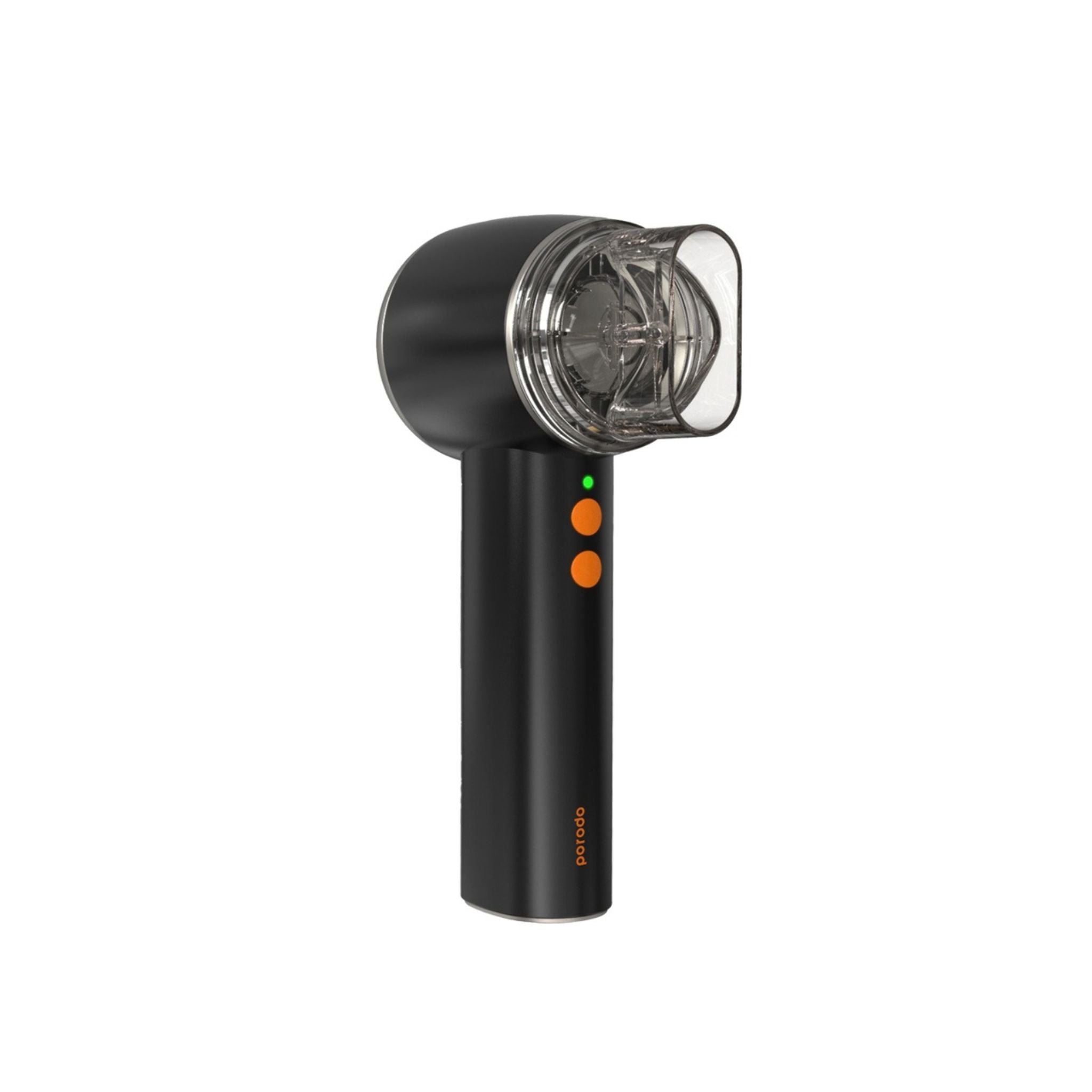 Black handheld device with clear nozzle on a white background