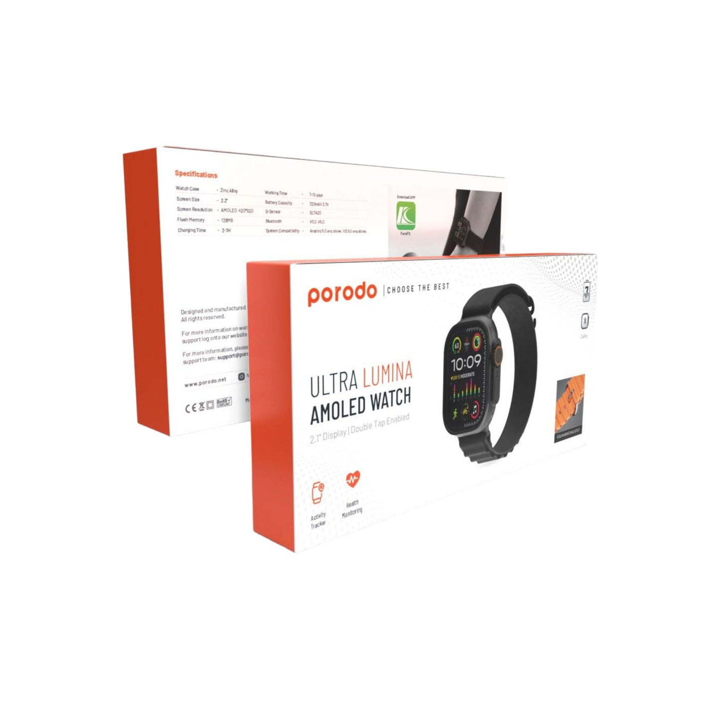 Porodo Smart Watch AMOLED Ultra Lumina w/ 1*Alpine Band & 1*Ocean Band - Black Strap