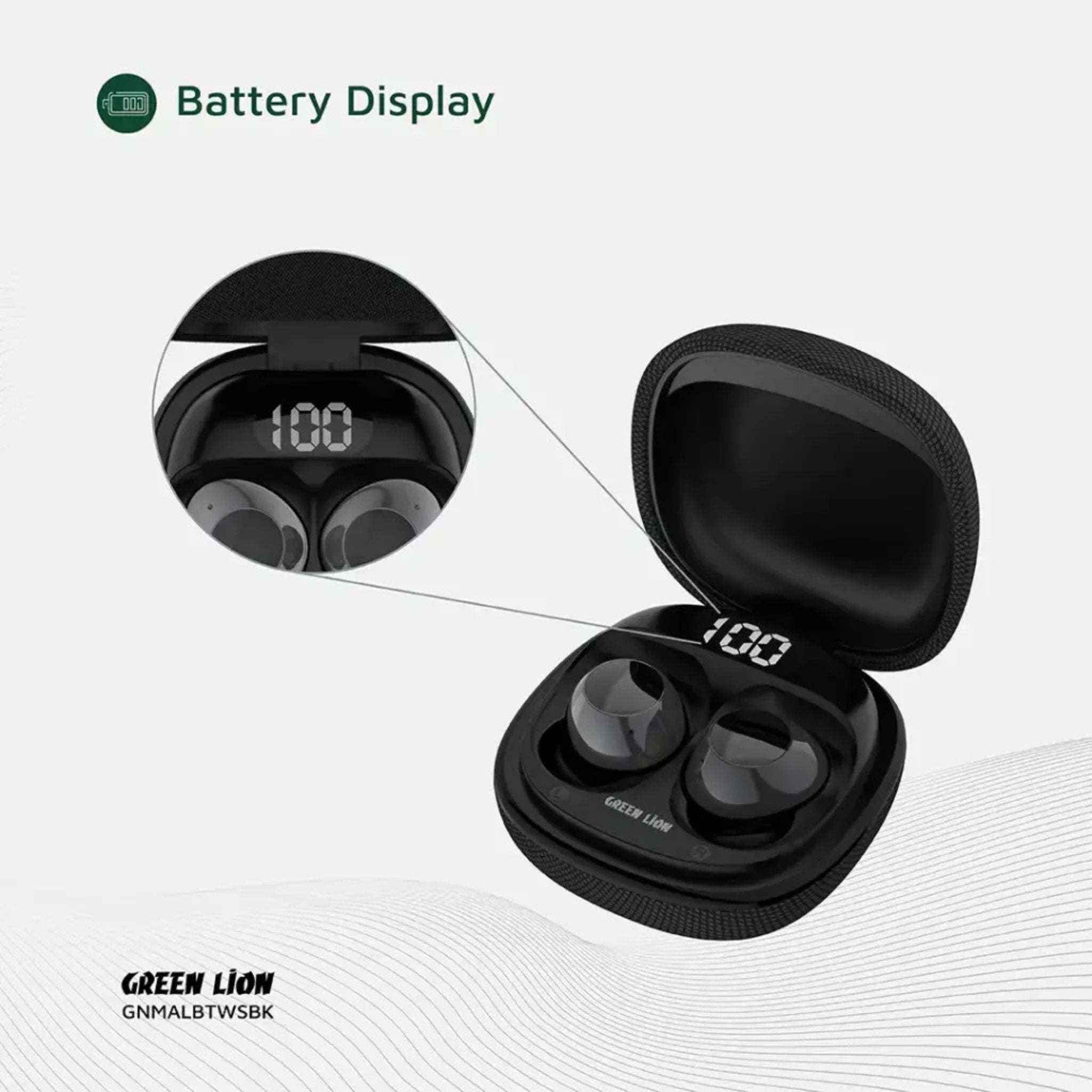 Green Lion Malbun True Wireless Earbuds, Bluetooth 5.4 Headphones with Dual-Mic ENC for Clear Calls, 20H Total Playtime, IPX5 Waterproof & Digital Display Case_Black