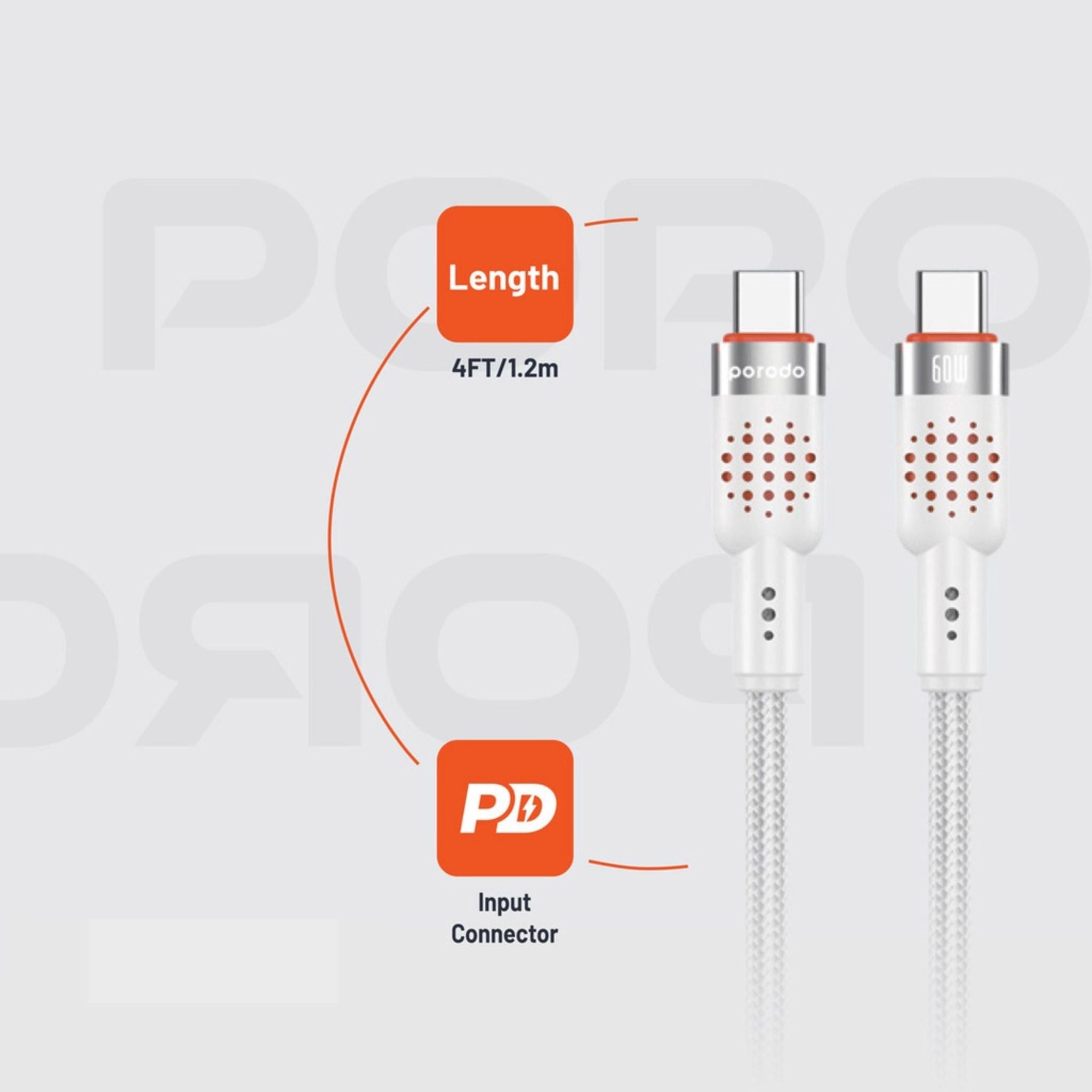 Porodo Aluminum Alloy Braided Cable Type-C to C 1.2m, PD 60W, 480Mbps Transfer Speed, more than 15000 Bends Life Span, Tangle Free - White