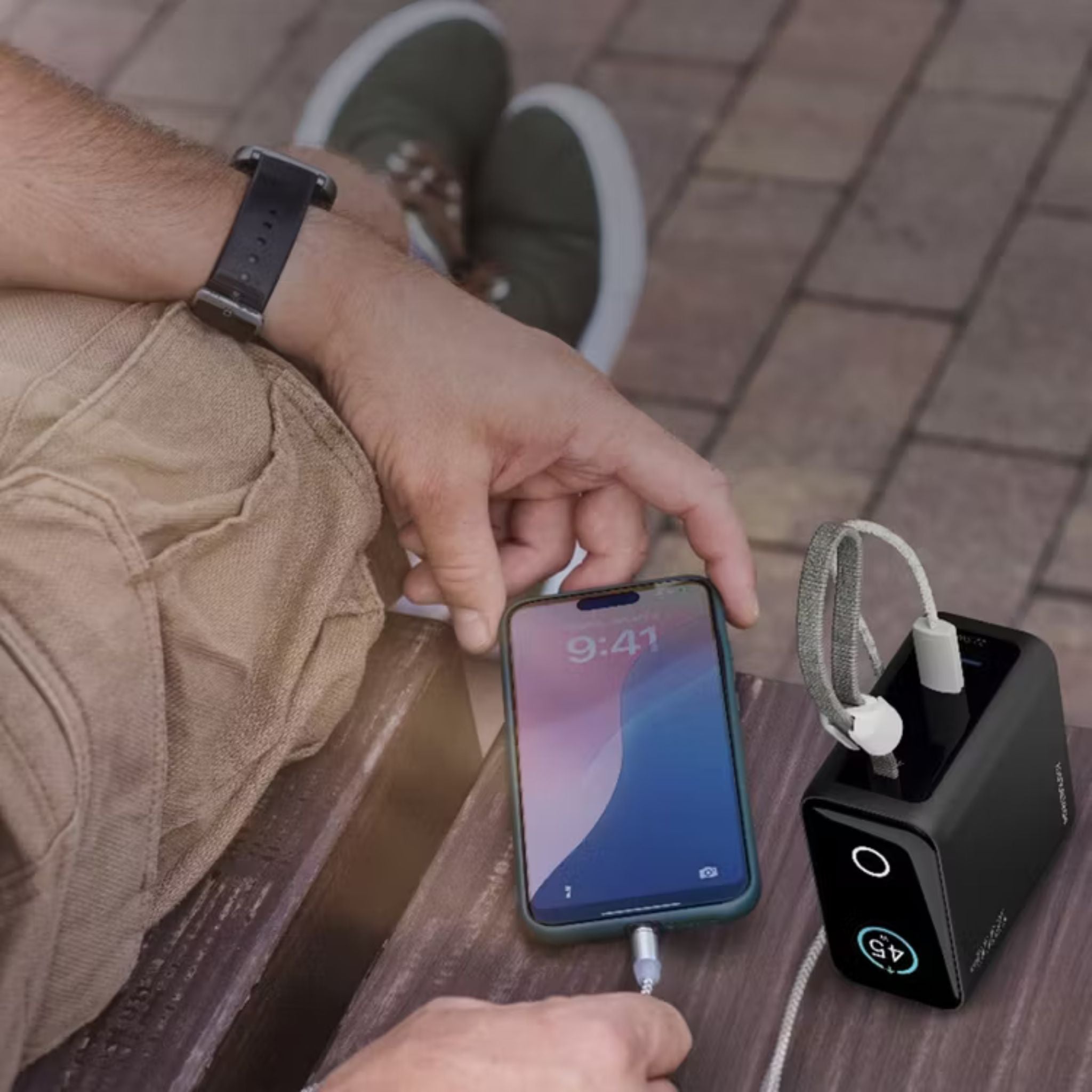 Powerology 15000mAh Mini Power Bank with Multiple Charging Ports, Universal Compatibility, Advanced Safety Features, Smart TFT Display, Built-in USB-C Cable - Black