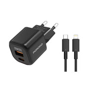 Porodo Dual-Port Wall Charger with Type-C to Lightning Included, 20W Power Delivery, EU Plug, QC 18W, Simultaneous Charging, Overheat Protection, USB-C & USB-A Outputs - Black