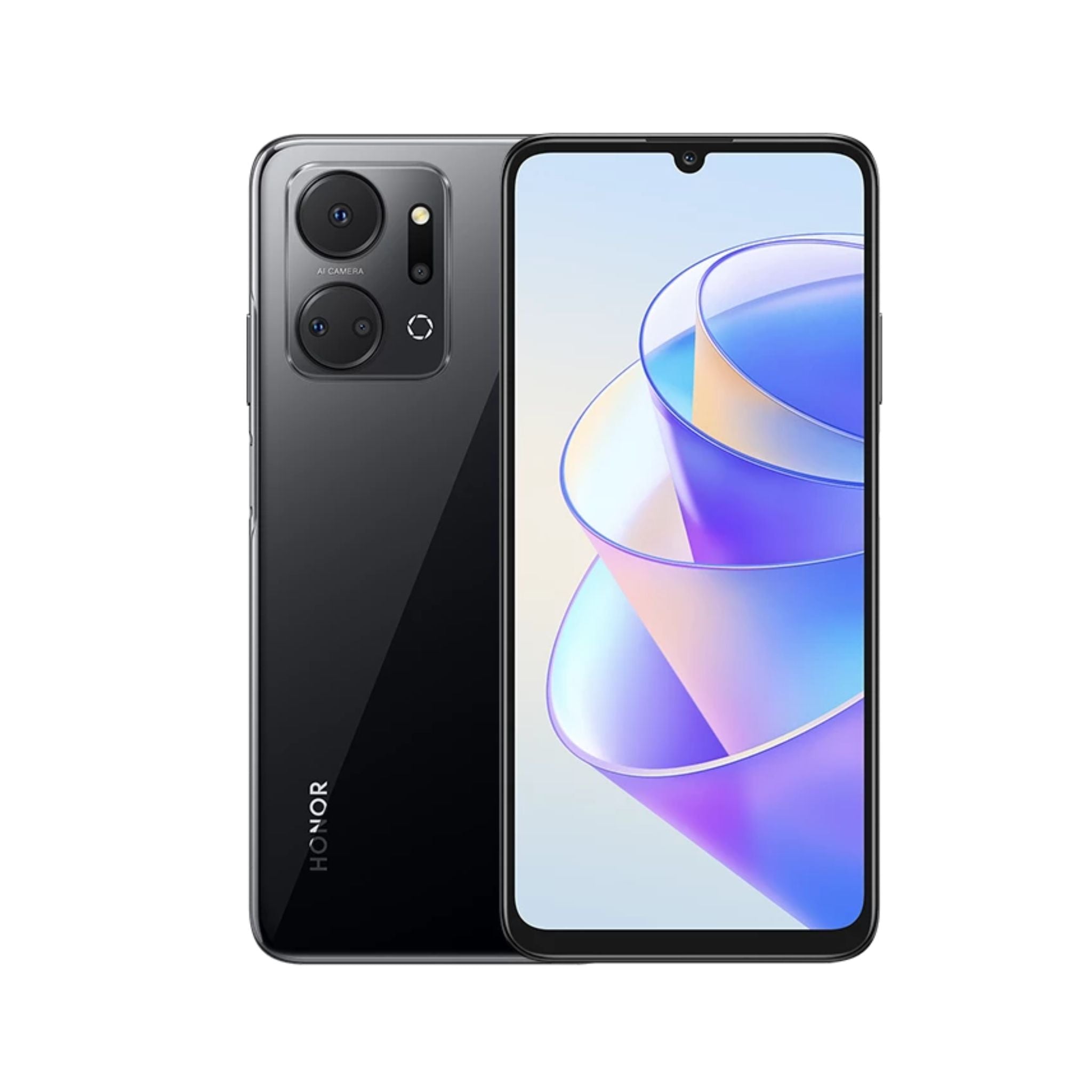 Honor smartphone showing front and back on a white background