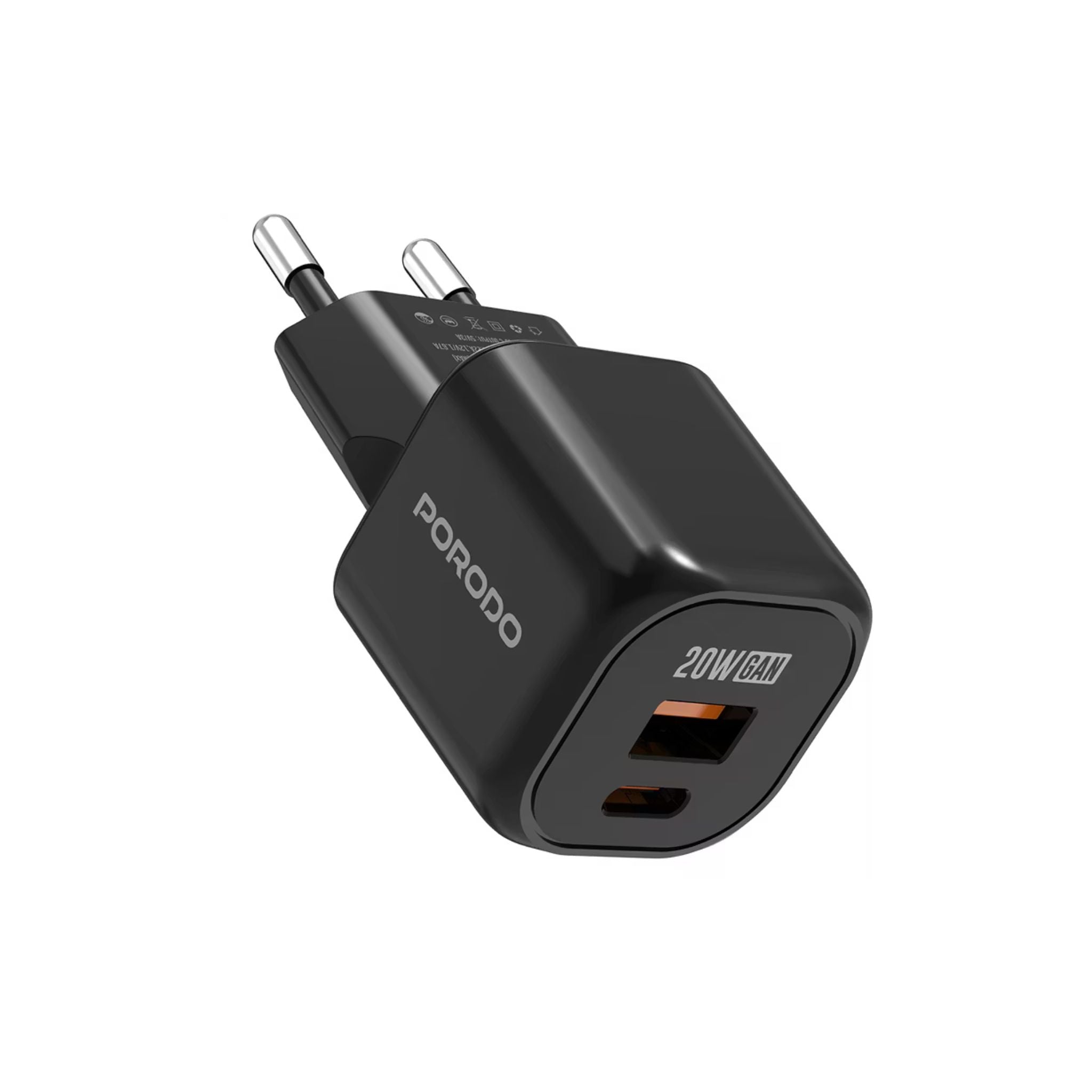 Porodo Dual-Port Wall Charger with Type-C to Lightning Included, 20W Power Delivery, EU Plug, QC 18W, Simultaneous Charging, Overheat Protection, USB-C & USB-A Outputs - Black