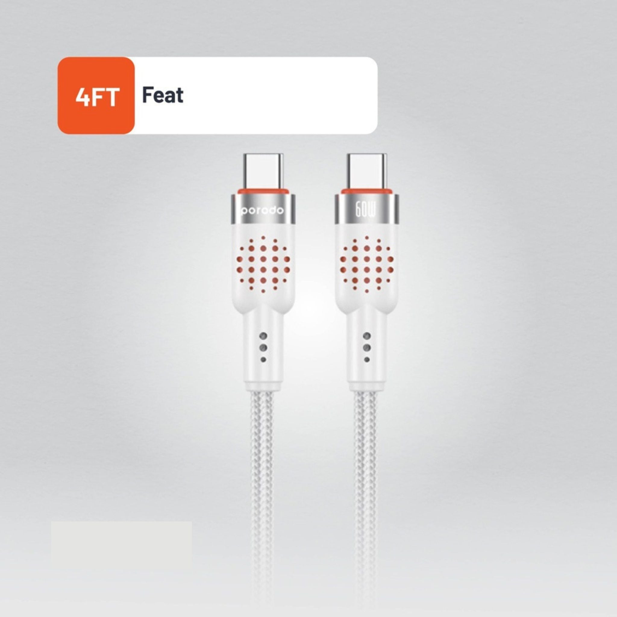 Porodo Aluminum Alloy Braided Cable Type-C to C 1.2m, PD 60W, 480Mbps Transfer Speed, more than 15000 Bends Life Span, Tangle Free - White