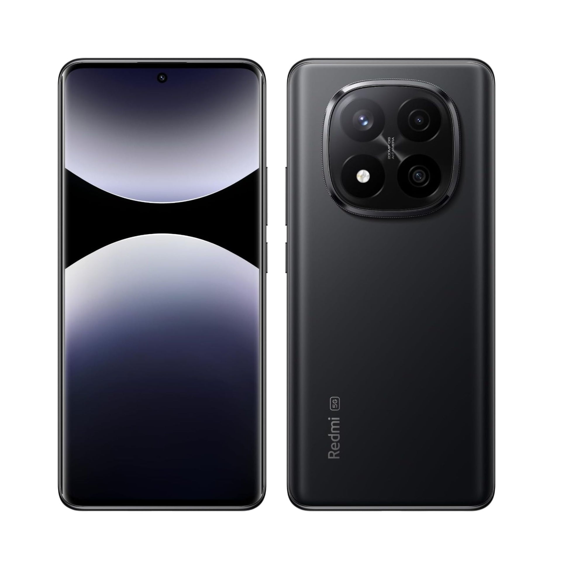 Black smartphone showing front and back on a white background