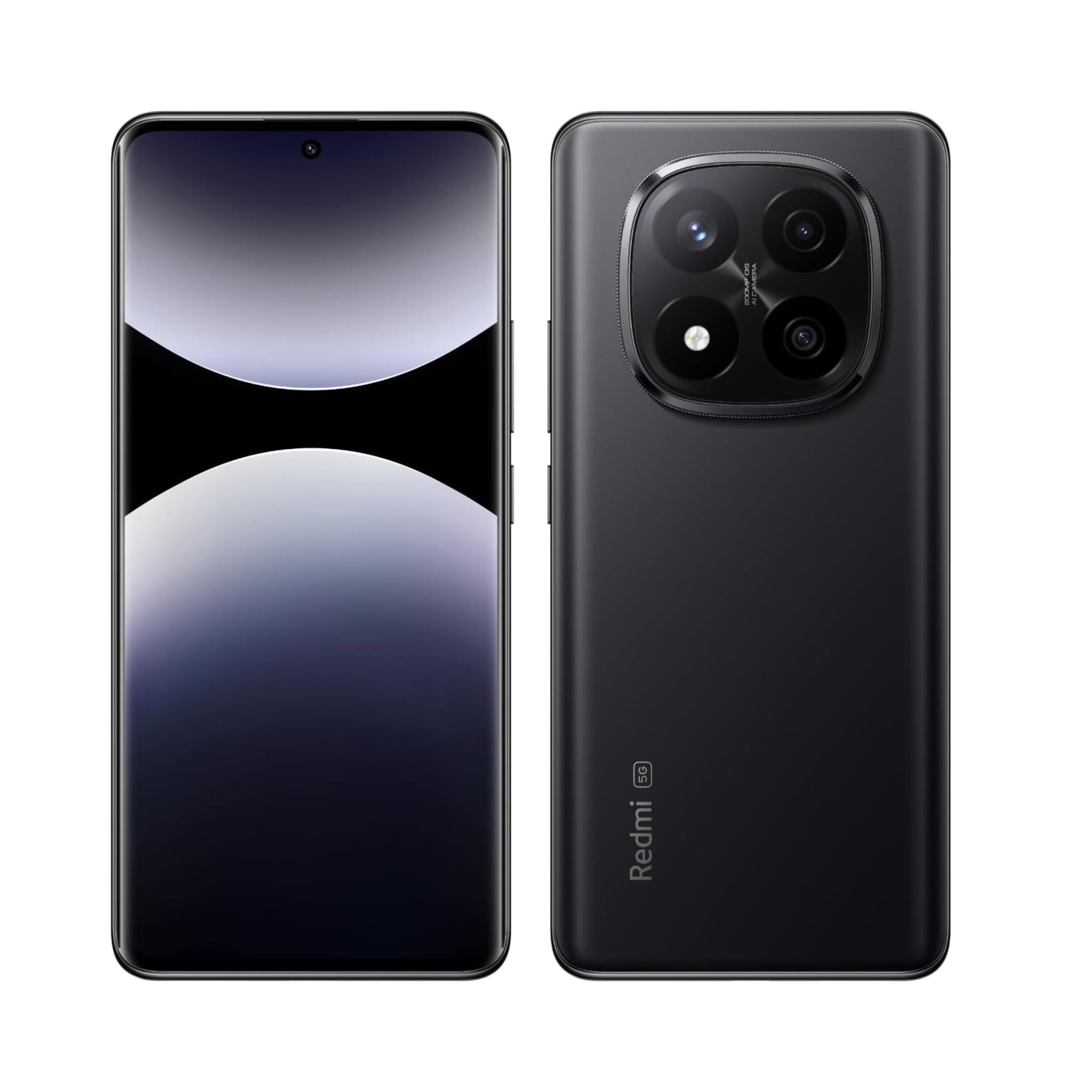 Black smartphone showing front and back on a white background