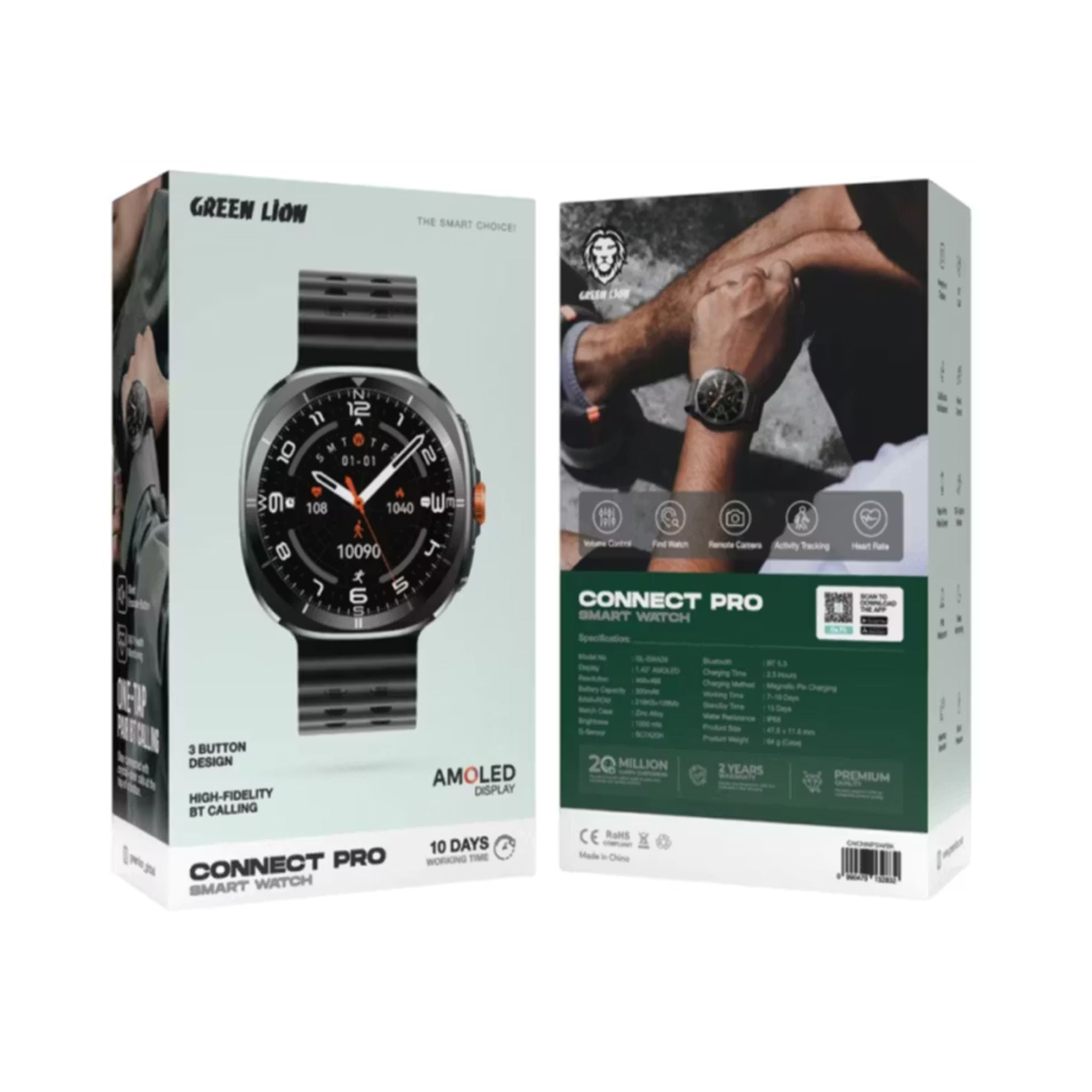 Green Lion Connect Pro Smart Watch, Always-On Display, Call & Social Notifications, Music Control, Raise Wrist Wake Screen - Black