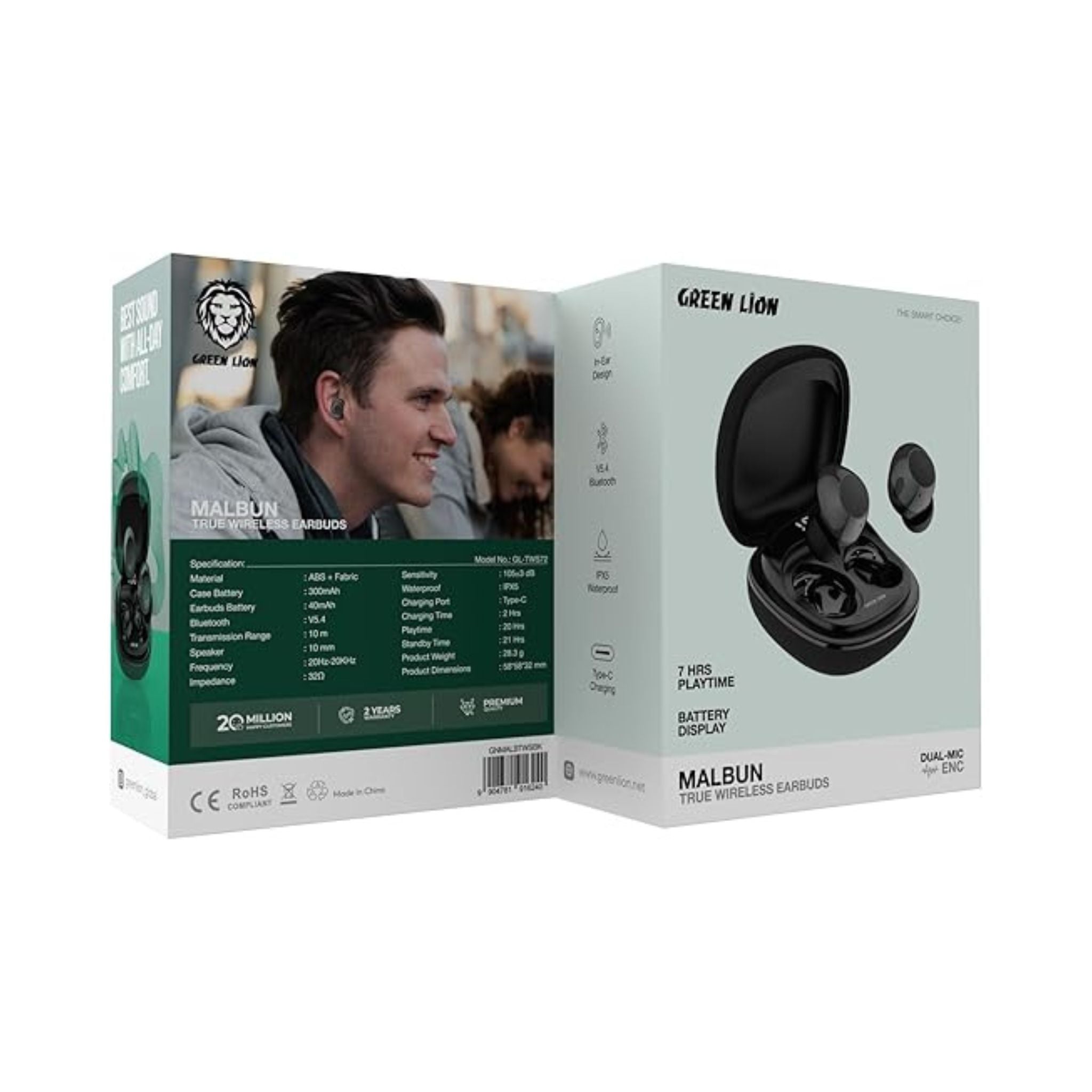 Green Lion Malbun True Wireless Earbuds, Bluetooth 5.4 Headphones with Dual-Mic ENC for Clear Calls, 20H Total Playtime, IPX5 Waterproof & Digital Display Case_Black