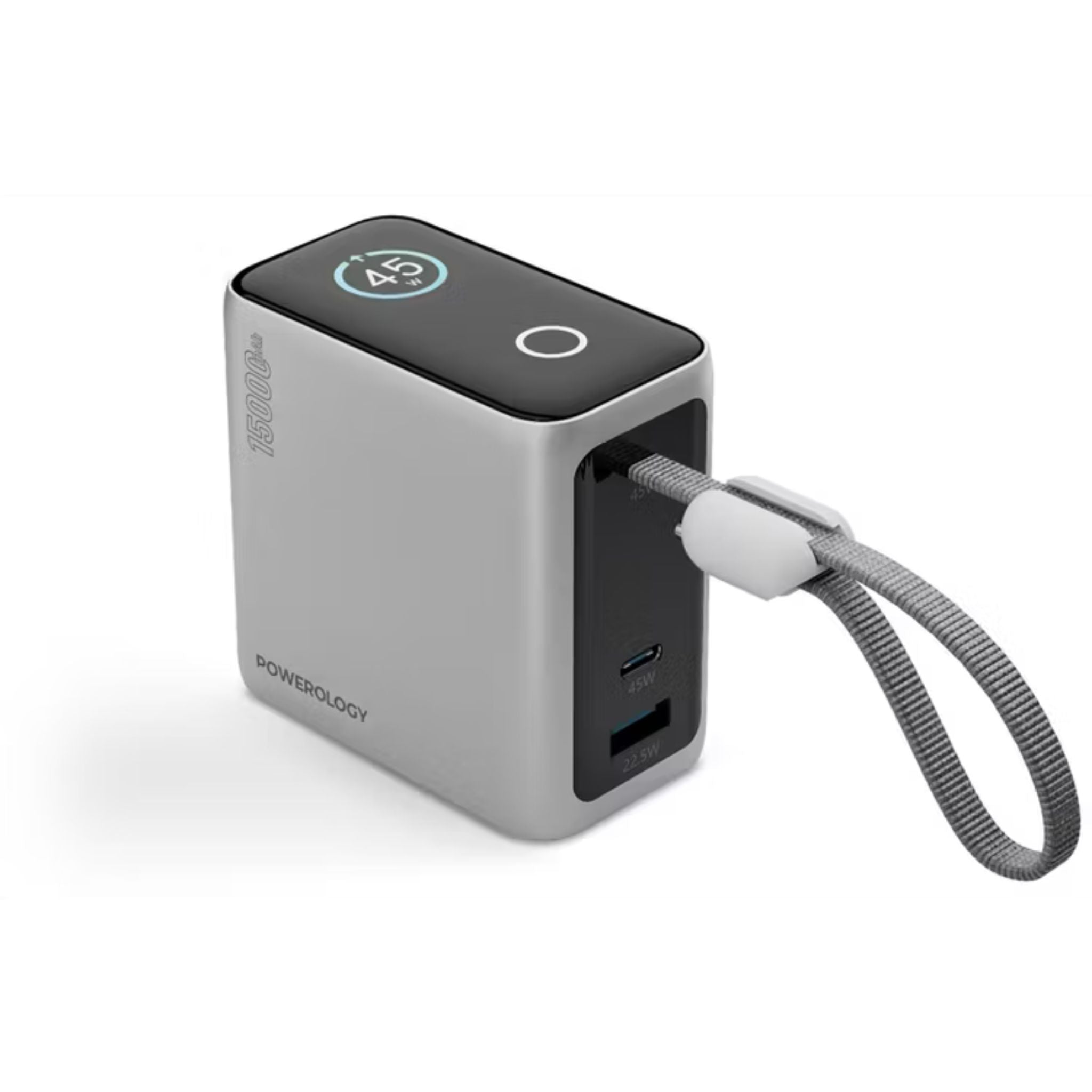 Powerology 15000mAh Mini Power Bank with Multiple Charging Ports, Universal Compatibility, Advanced Safety Features, Smart TFT Display, Built-in USB-C Cable - Gray
