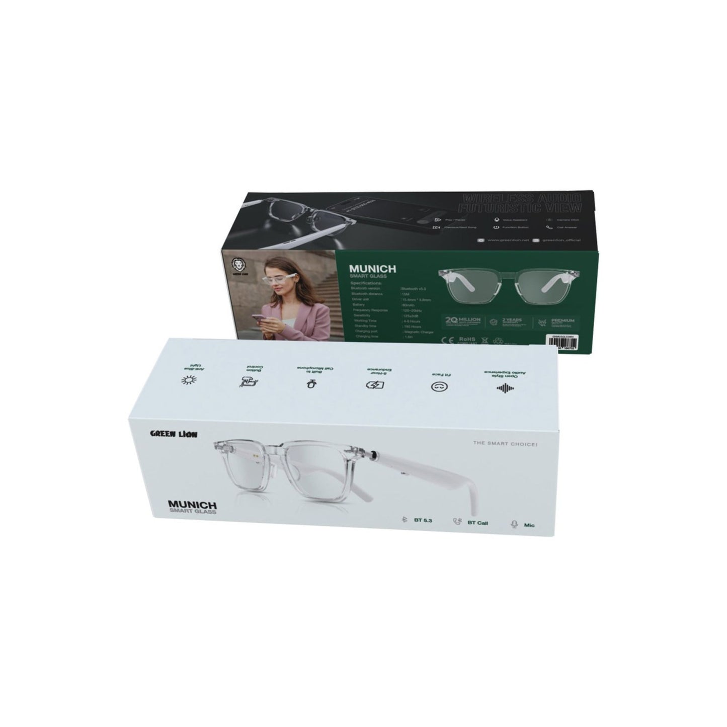 Green Lion Munich Smart Glasses with Bluetooth V5.3, 4-6 Hours Working Time, 80mAh Battery, 15m Bluetooth Distance, 180 Hours Standby Time - White