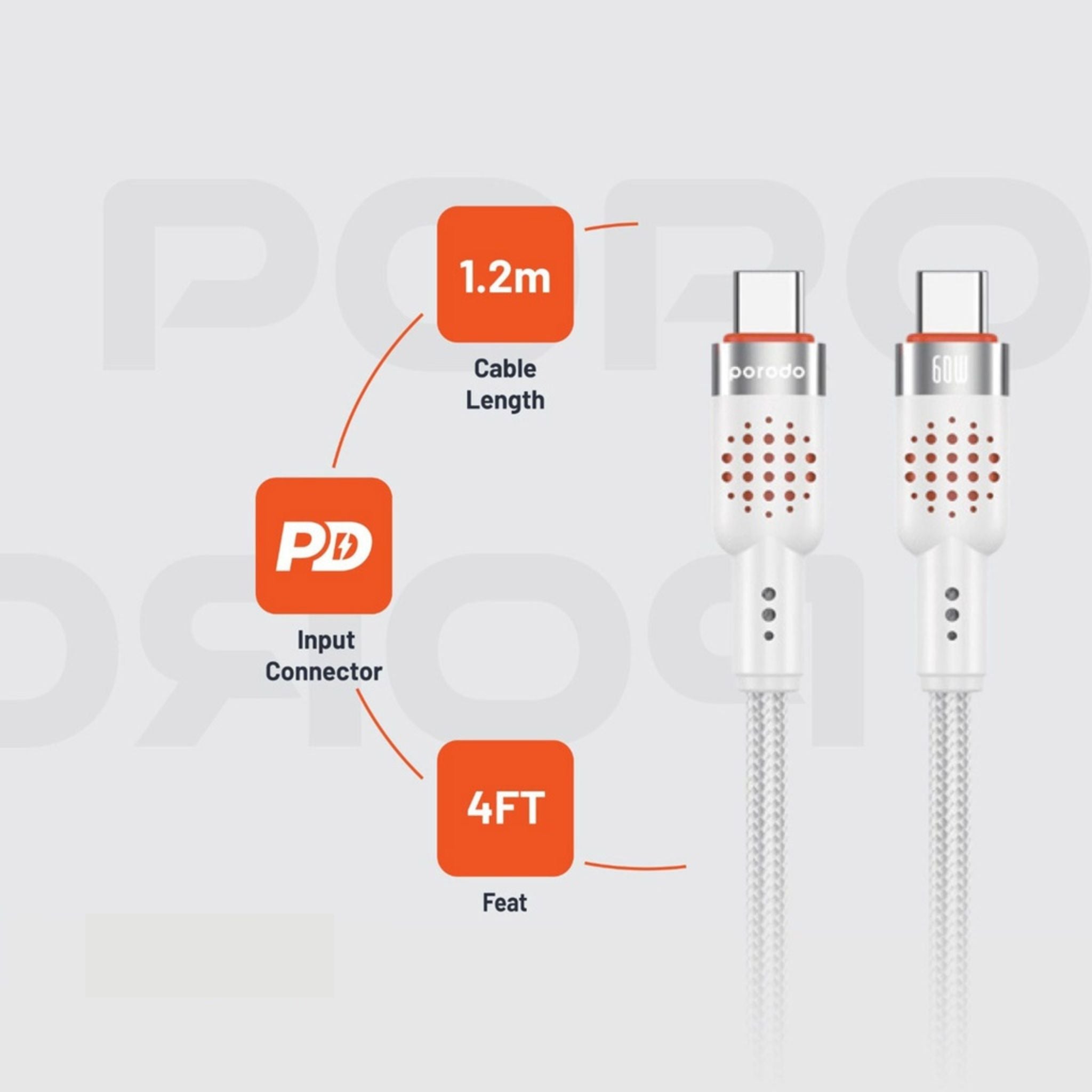 Porodo Aluminum Alloy Braided Cable Type-C to C 1.2m, PD 60W, 480Mbps Transfer Speed, more than 15000 Bends Life Span, Tangle Free - White